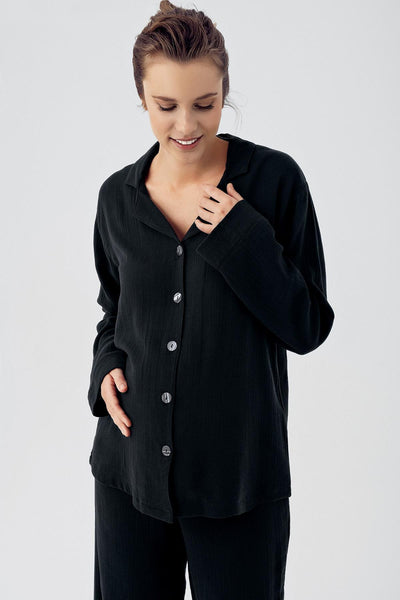 Çift Katlı Müslin Pamuklu Ayarlanabilir Yüksek Bel Düğmeli Gömlek Yaka Hamile Pijama Takım M210 - Artış Collection