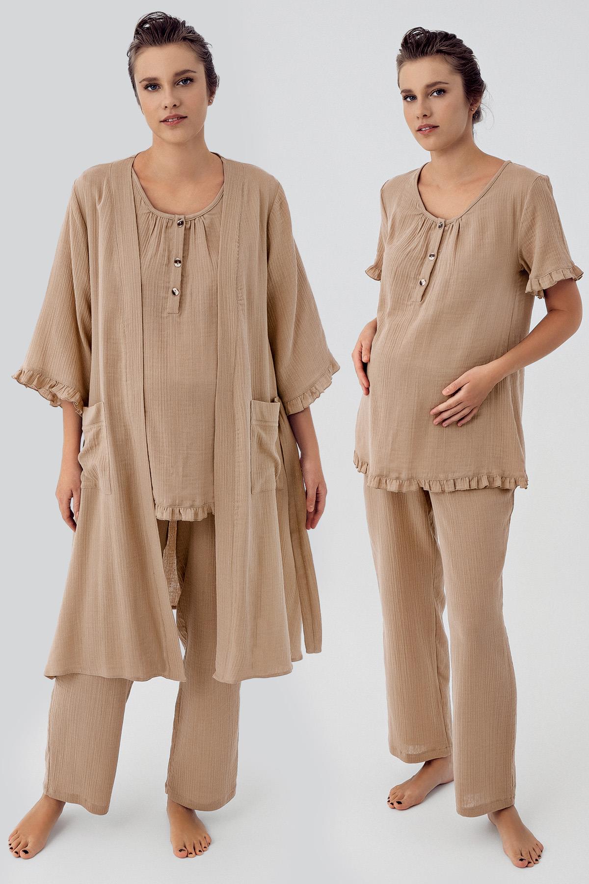 Double Layer Muslin Cotton Adjustable High Waist Buttoned Maternity Dressing Gown Pajama Set M308
