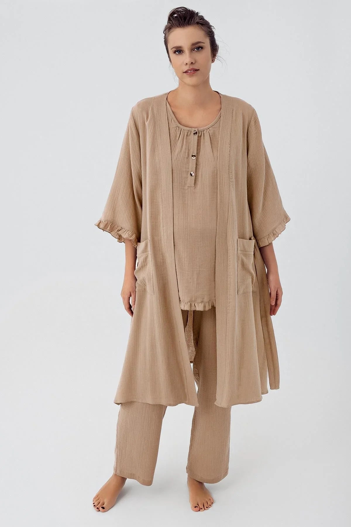 Çift Katlı Müslin Pamuklu Ayarlanabilir Yüksek Bel Düğmeli Hamile Sabahlık Pijama Takım M308