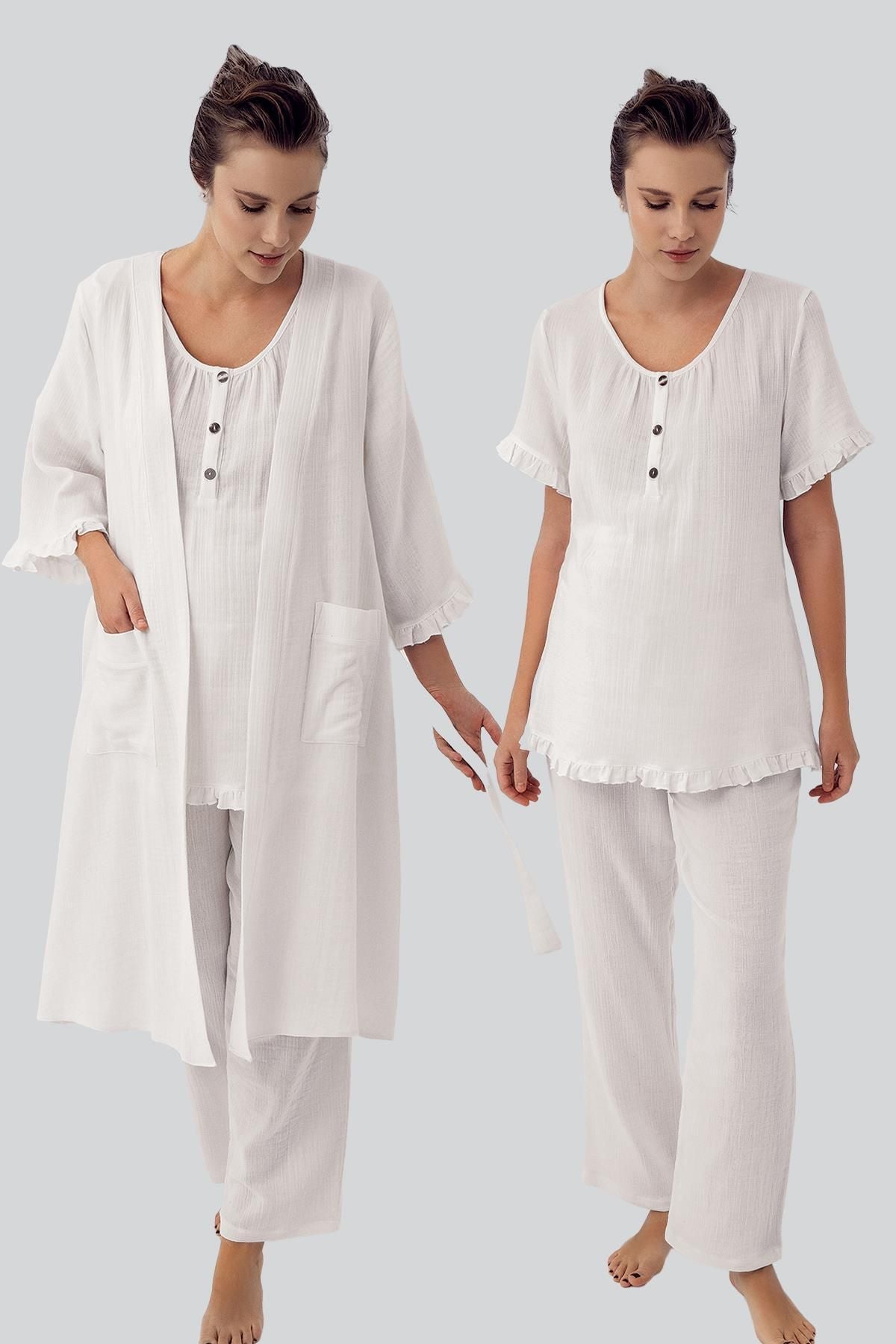 Çift Katlı Müslin Pamuklu Ayarlanabilir Yüksek Bel Düğmeli Hamile Sabahlık Pijama Takım M308