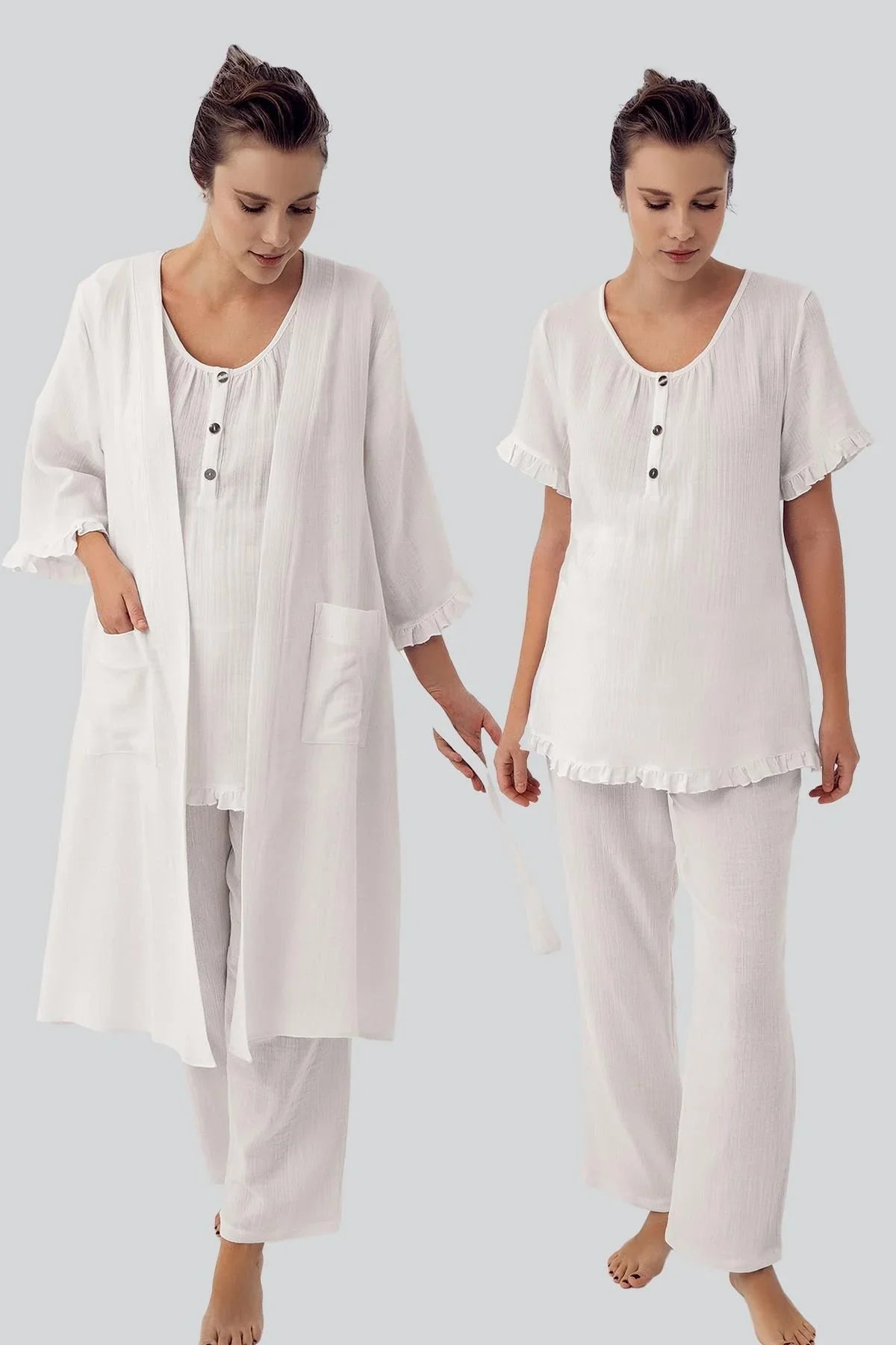 Çift Katlı Müslin Pamuklu Ayarlanabilir Yüksek Bel Düğmeli Hamile Sabahlık Pijama Takım M308