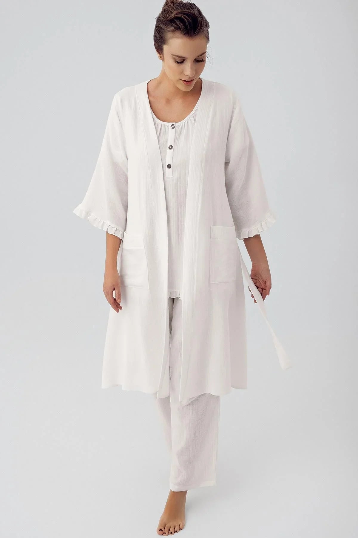Çift Katlı Müslin Pamuklu Ayarlanabilir Yüksek Bel Düğmeli Hamile Sabahlık Pijama Takım M308