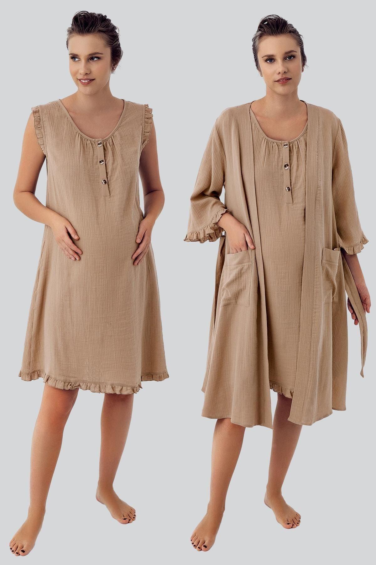 Double Layer Muslin Cotton Buttoned Maternity Dressing Gown Nightgown Set M408