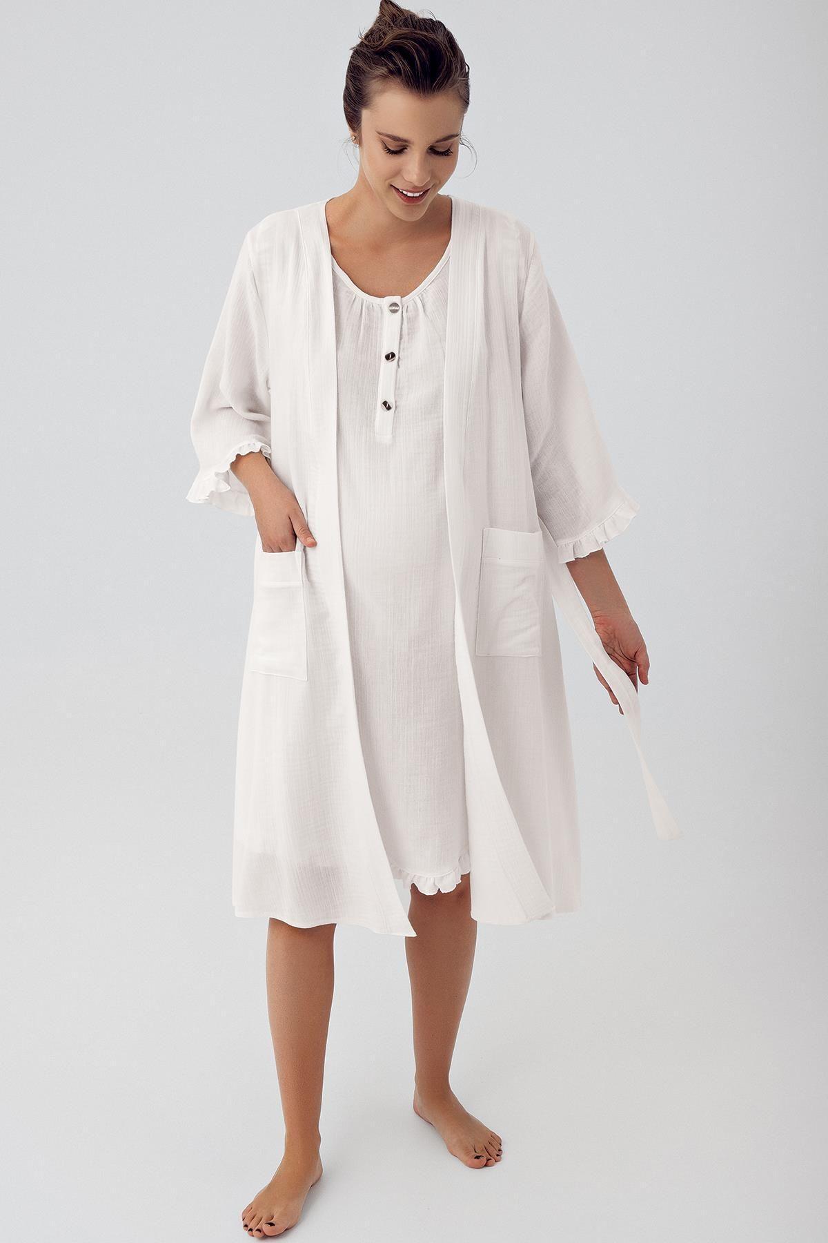 Double Layer Muslin Cotton Buttoned Maternity Dressing Gown Nightgown Set M408