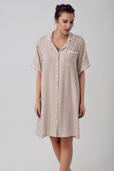 Striped Buttoned Short Sleeve Woven Viscose Maternity Nightgown 16103