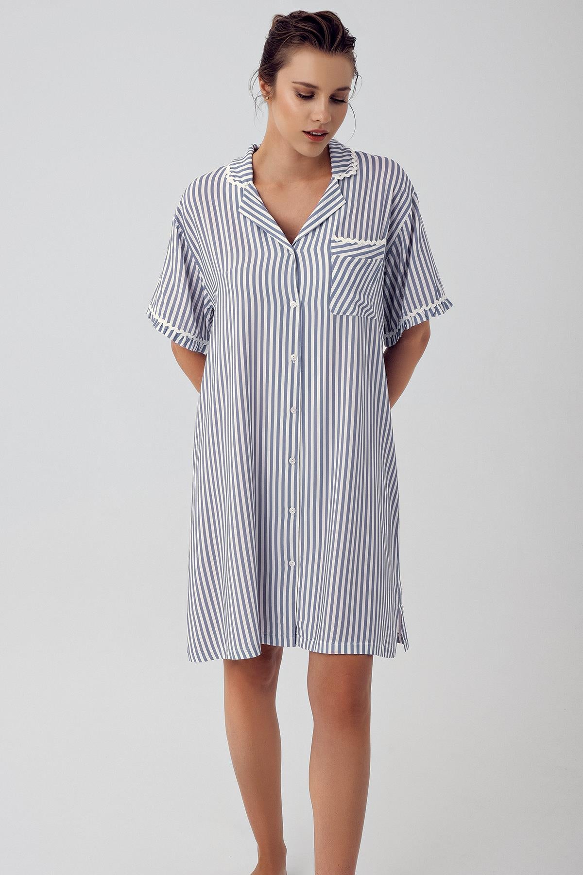 Striped Buttoned Short Sleeve Woven Viscose Maternity Nightgown 16103