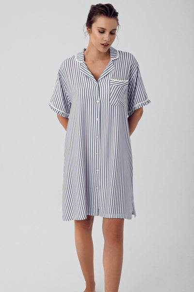 Striped Buttoned Short Sleeve Woven Viscose Maternity Nightgown 16103