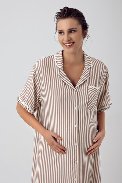 Striped Buttoned Short Sleeve Woven Viscose Maternity Nightgown 16103