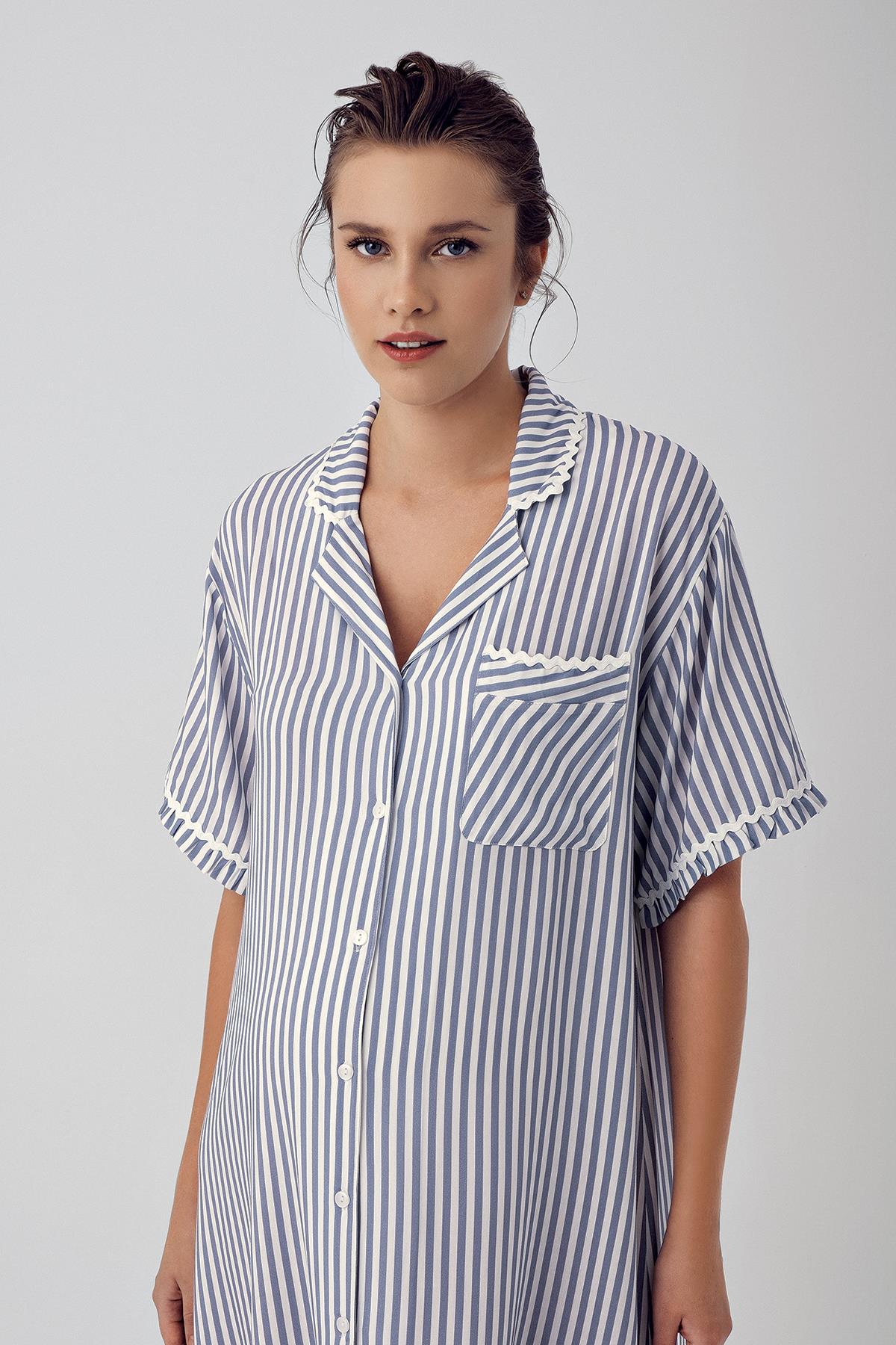 Striped Buttoned Short Sleeve Woven Viscose Maternity Nightgown 16103