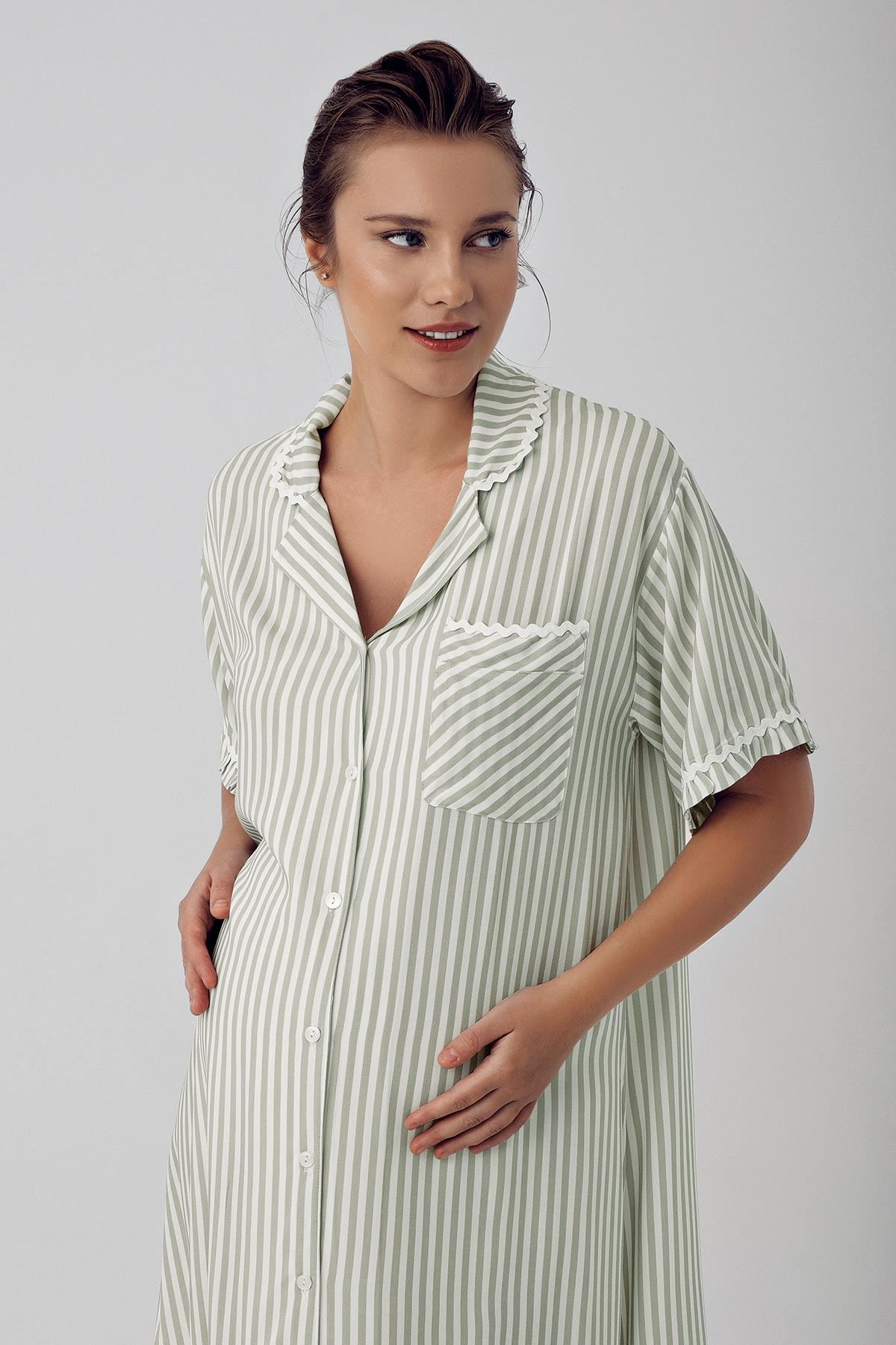 Striped Buttoned Short Sleeve Woven Viscose Maternity Nightgown 16103