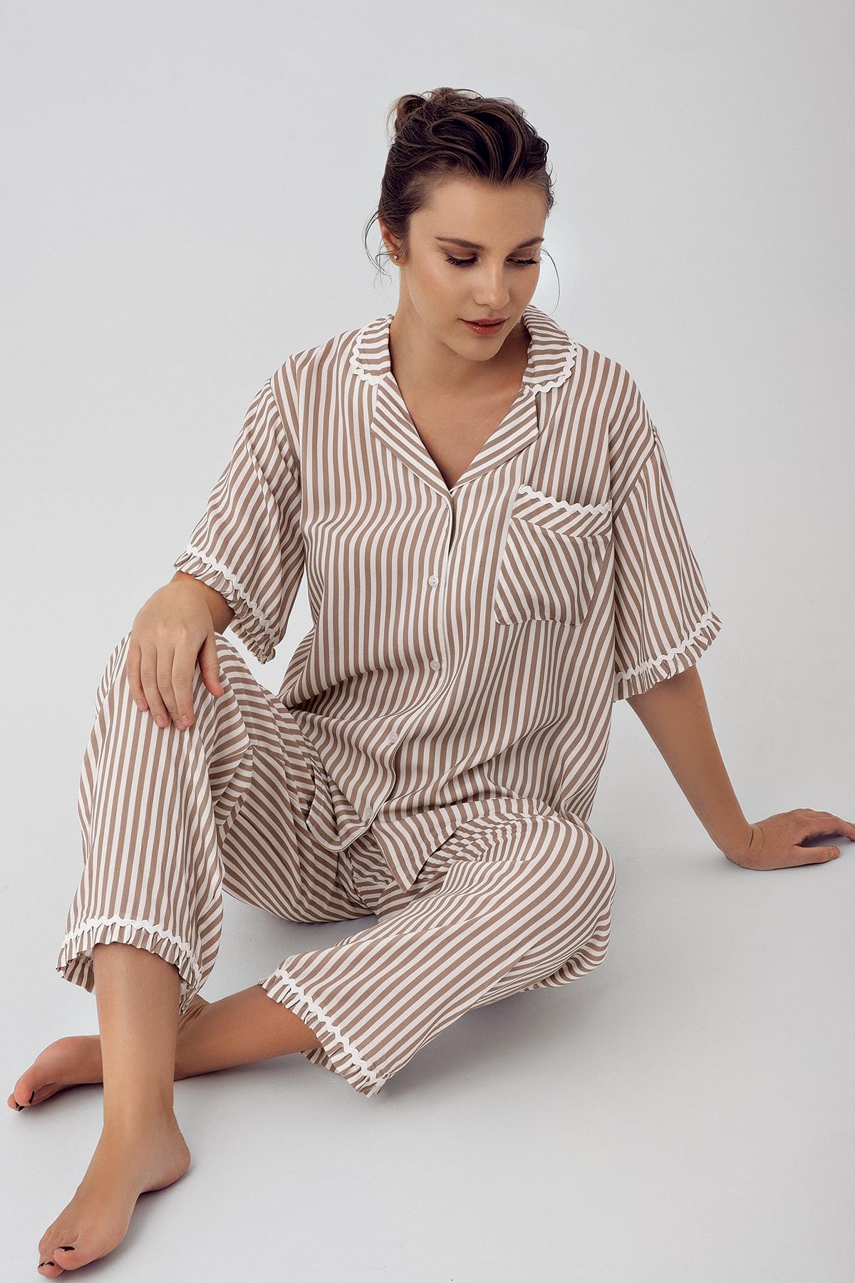 Striped Buttoned Short Sleeve Woven Viscose Maternity Pajama Set 16203
