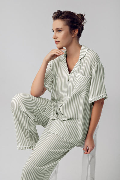 Striped Buttoned Short Sleeve Woven Viscose Maternity Pajama Set 16203