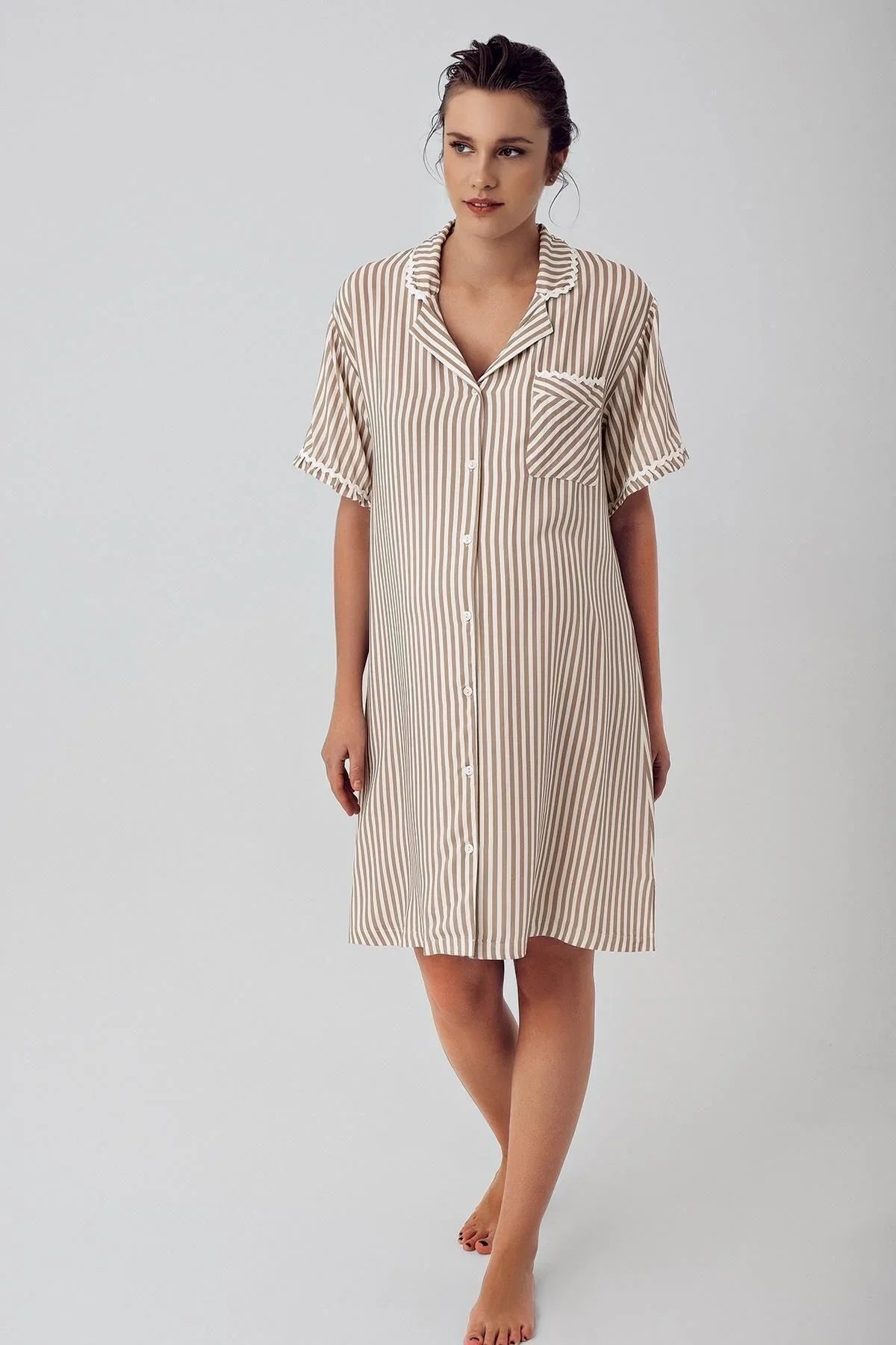 Çizgili Düğmeli Kısa Kollu Dokuma Viskoz Hamile Gecelik 16103