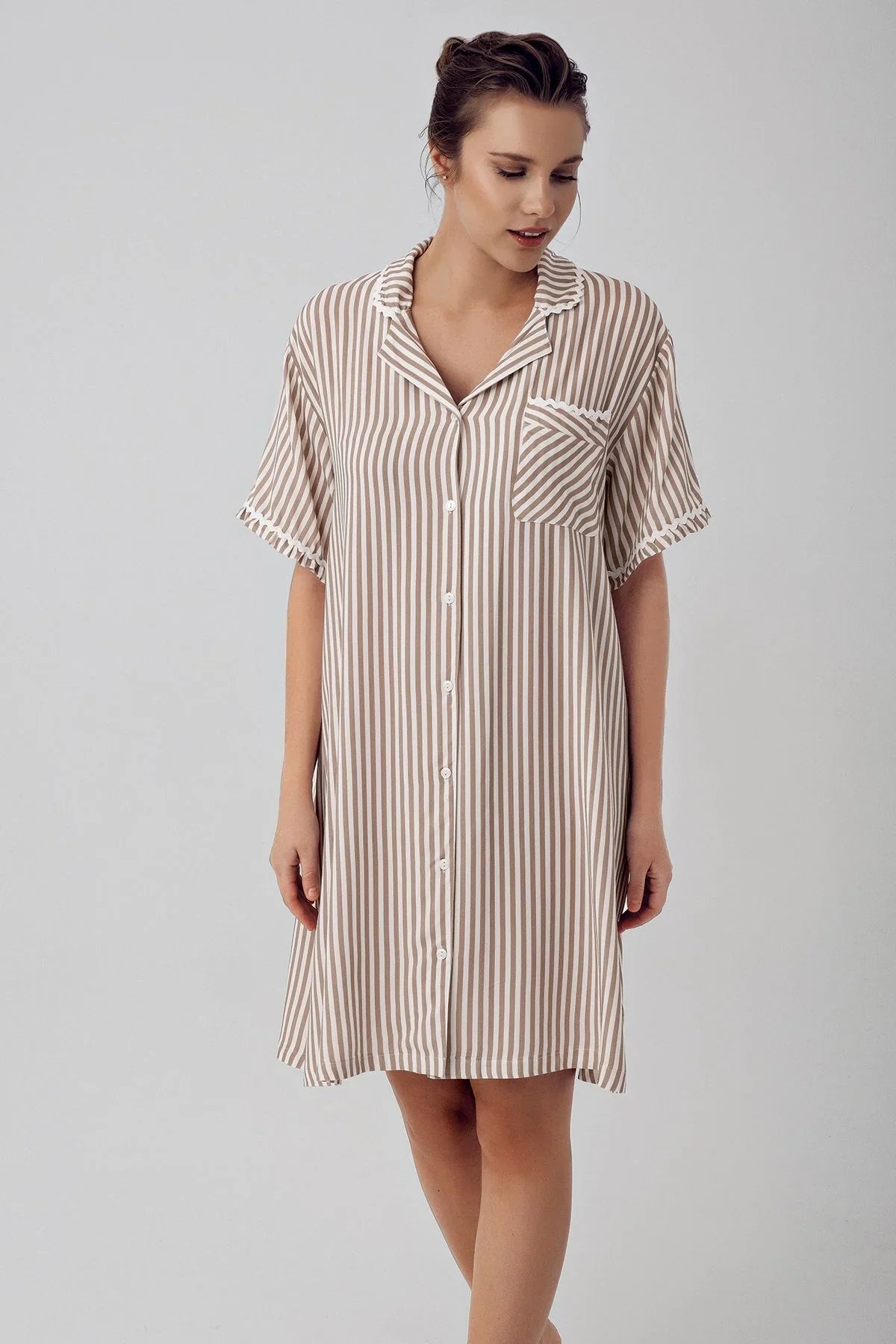 Çizgili Düğmeli Kısa Kollu Dokuma Viskoz Hamile Gecelik 16103