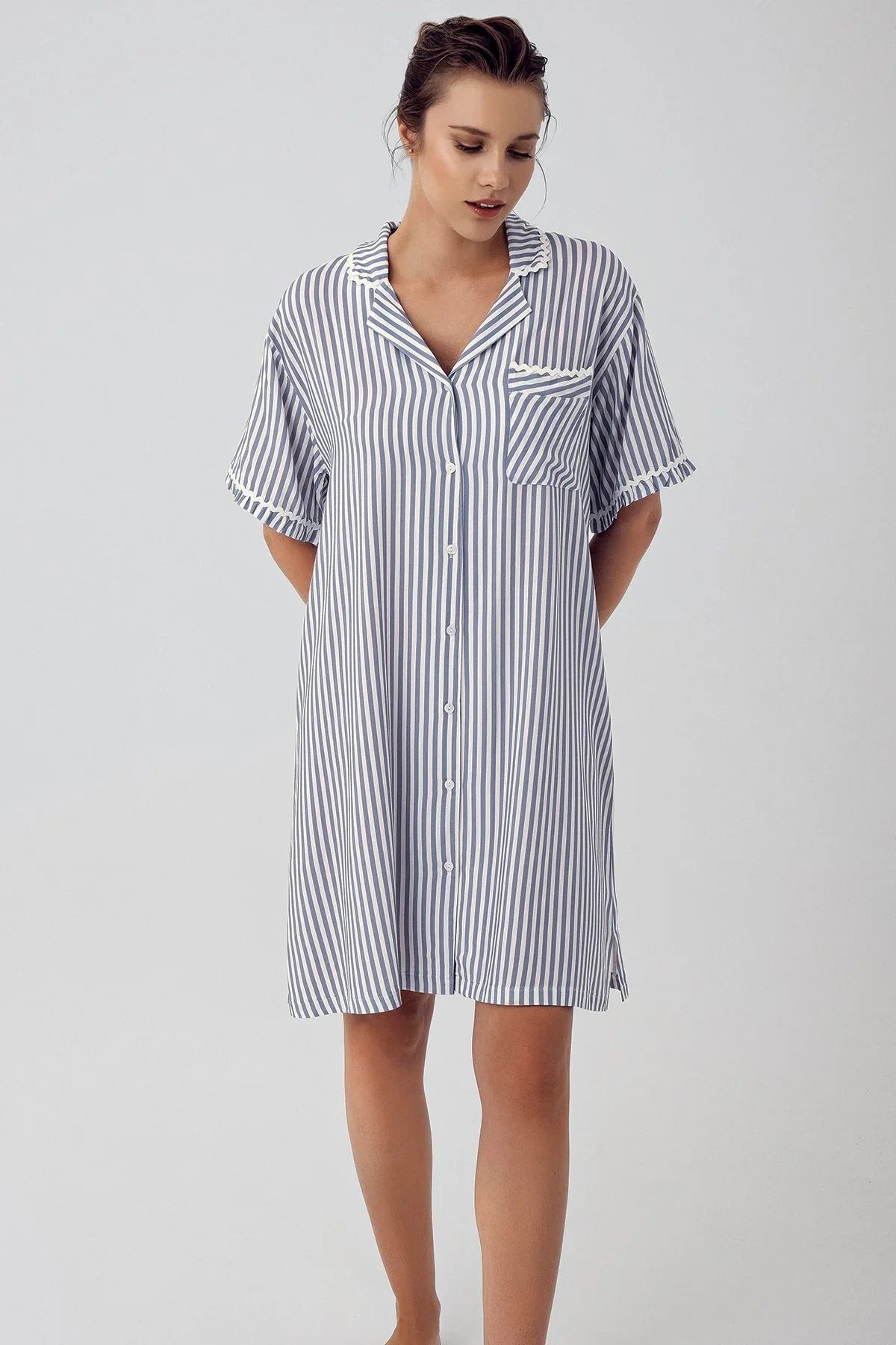 Çizgili Düğmeli Kısa Kollu Dokuma Viskoz Hamile Gecelik 16103
