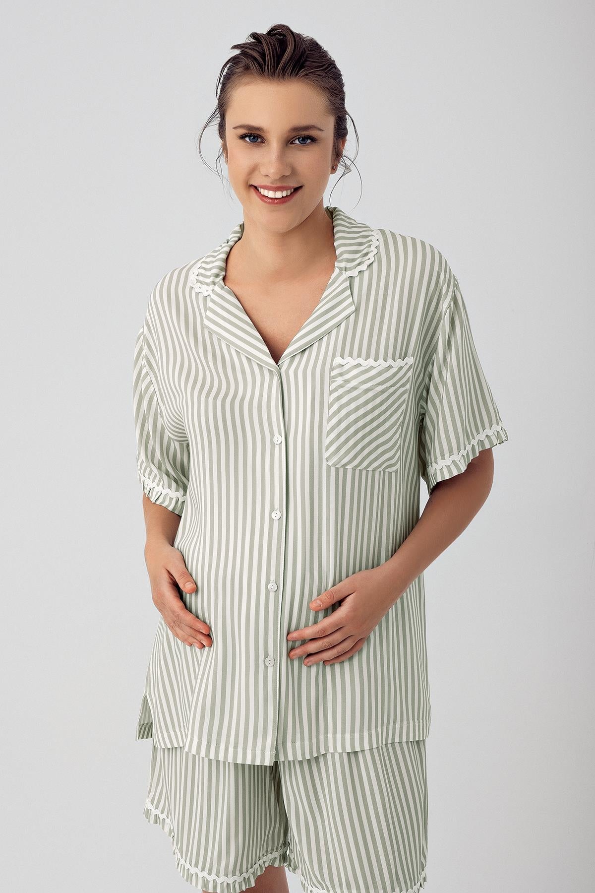 Striped Buttoned Short Sleeve Maternity Pajama Set with Flexible Viscose Shorts 16204