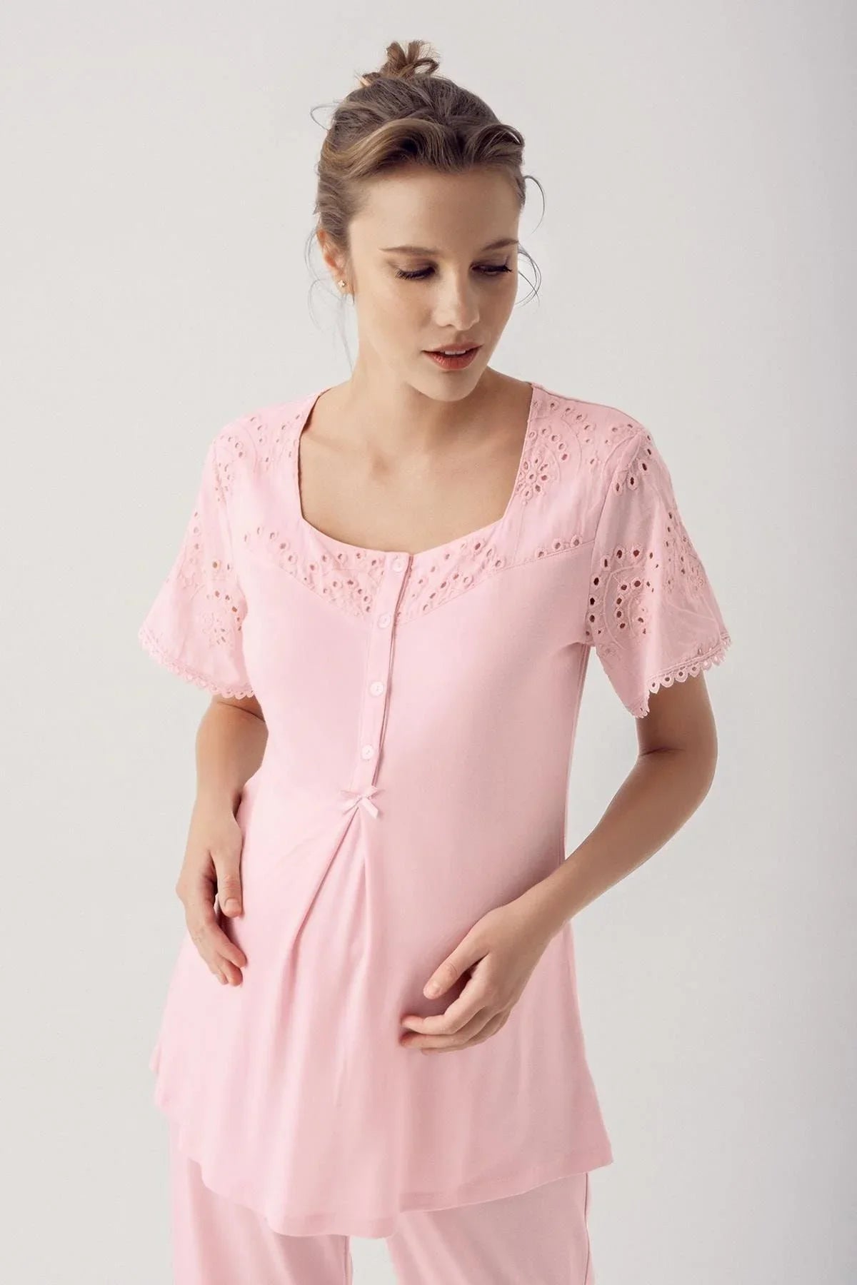 Dantelli Düğmeli Kısa Kollu Esnek Kumaşlı Lohusa Pijama 12305