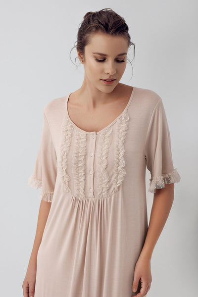 Lace Buttoned Short Sleeve Flexible Viscose Nightgown 16108