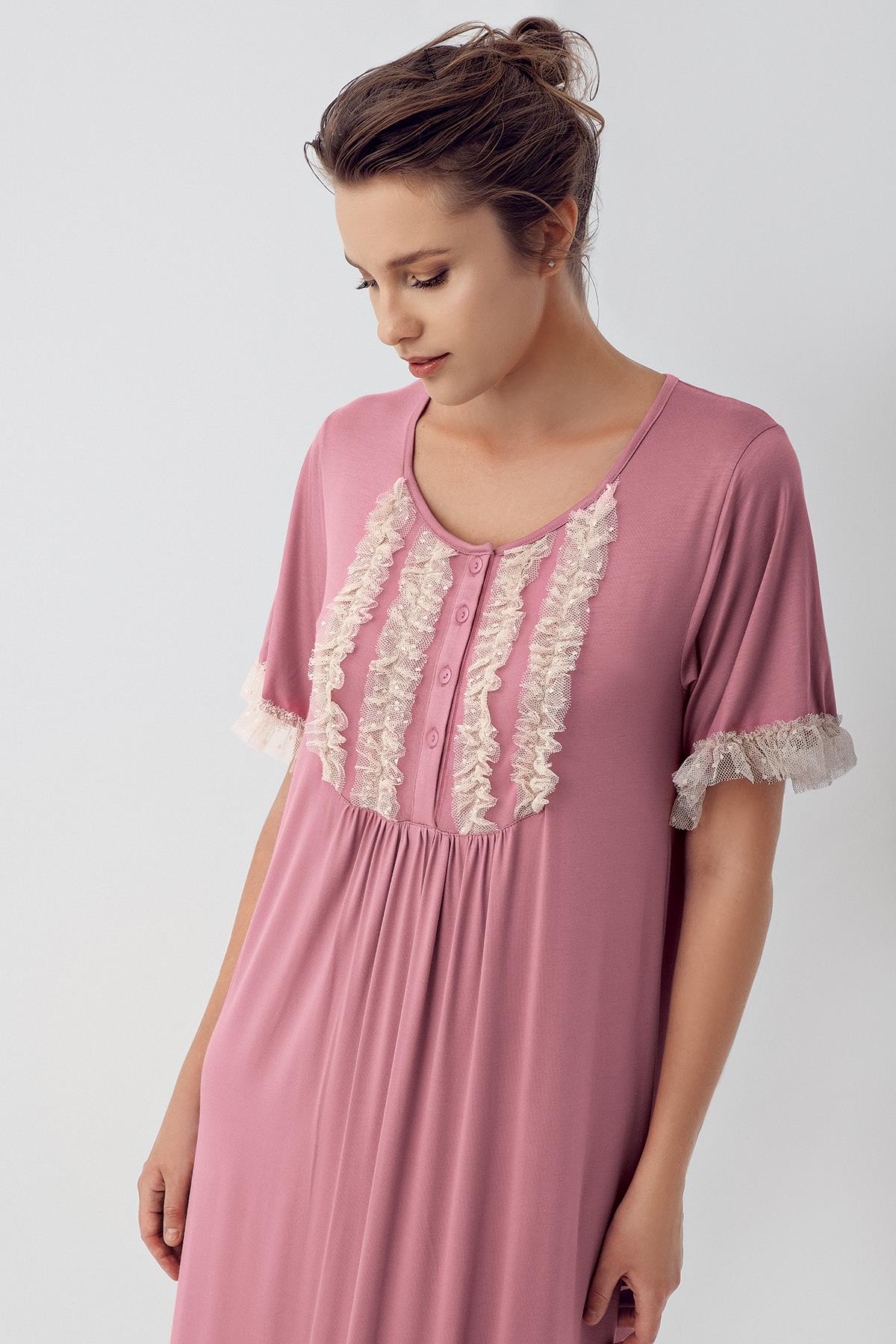 Lace Buttoned Short Sleeve Flexible Viscose Nightgown 16108