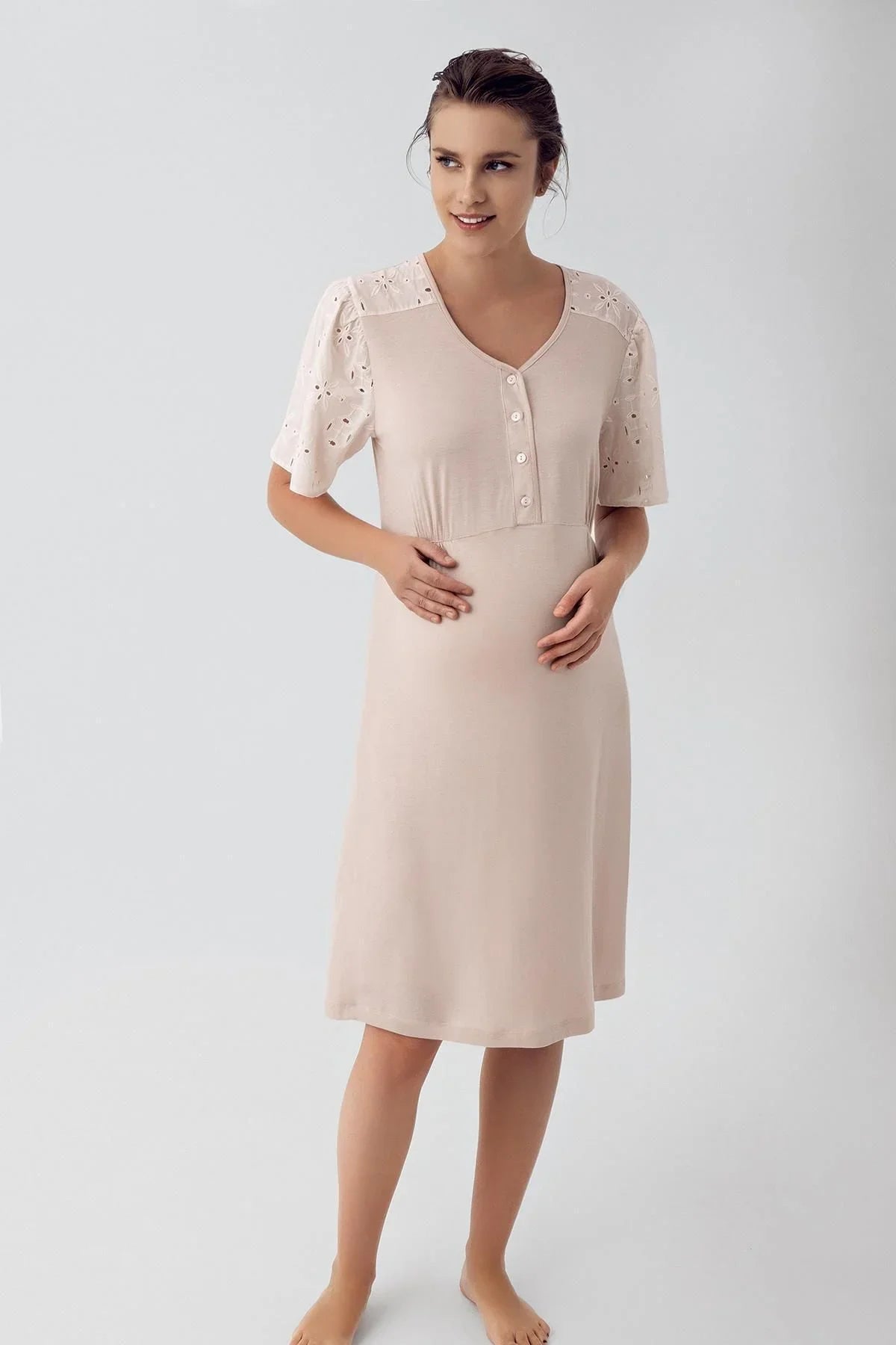 Dantelli Düğmeli Kısa Kollu Esnek Viskoz Hamile Gecelik 16106