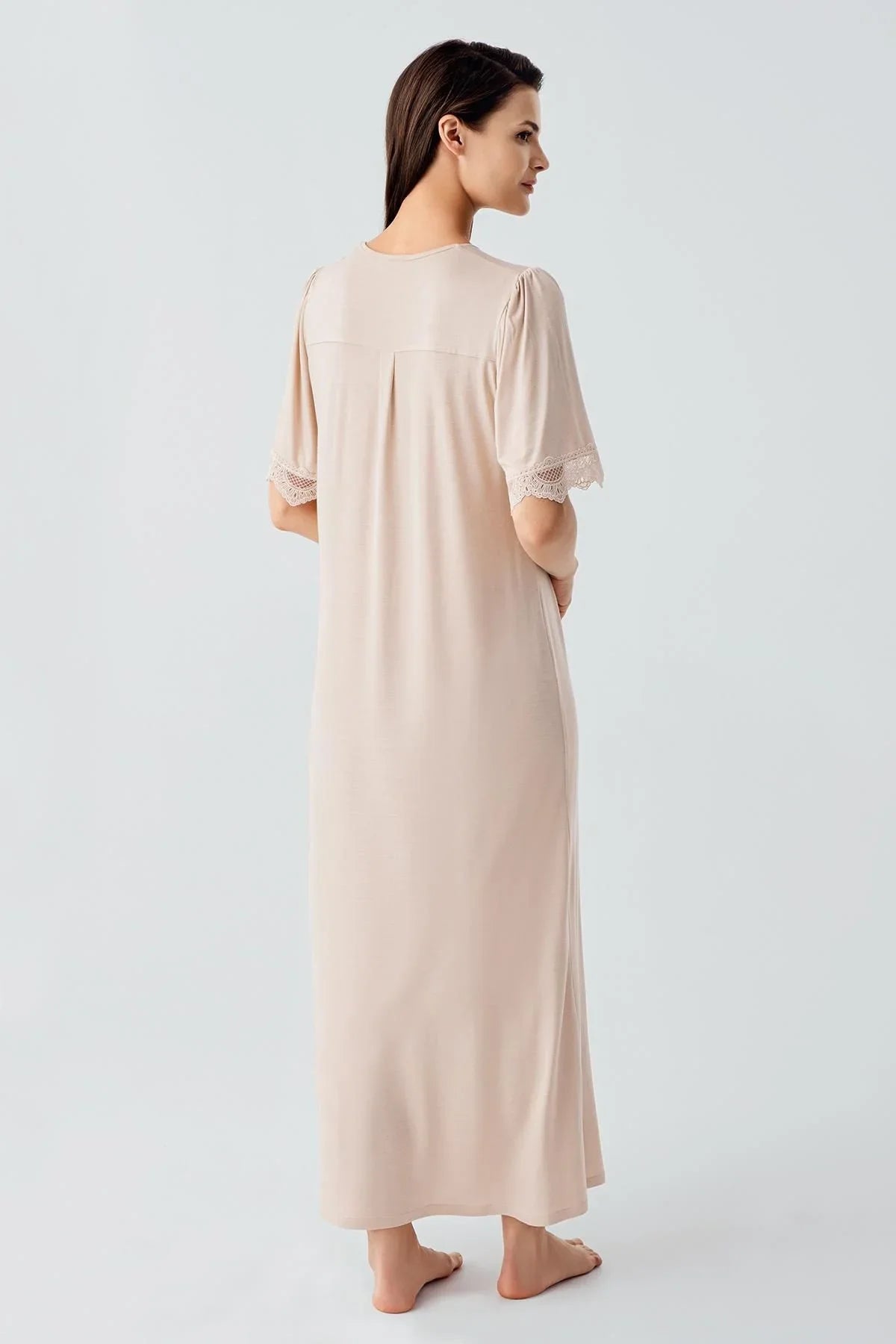 Dantelli Düğmeli Kısa Kollu Esnek Viskoz Uzun Gecelik 17111 - Artış Collection