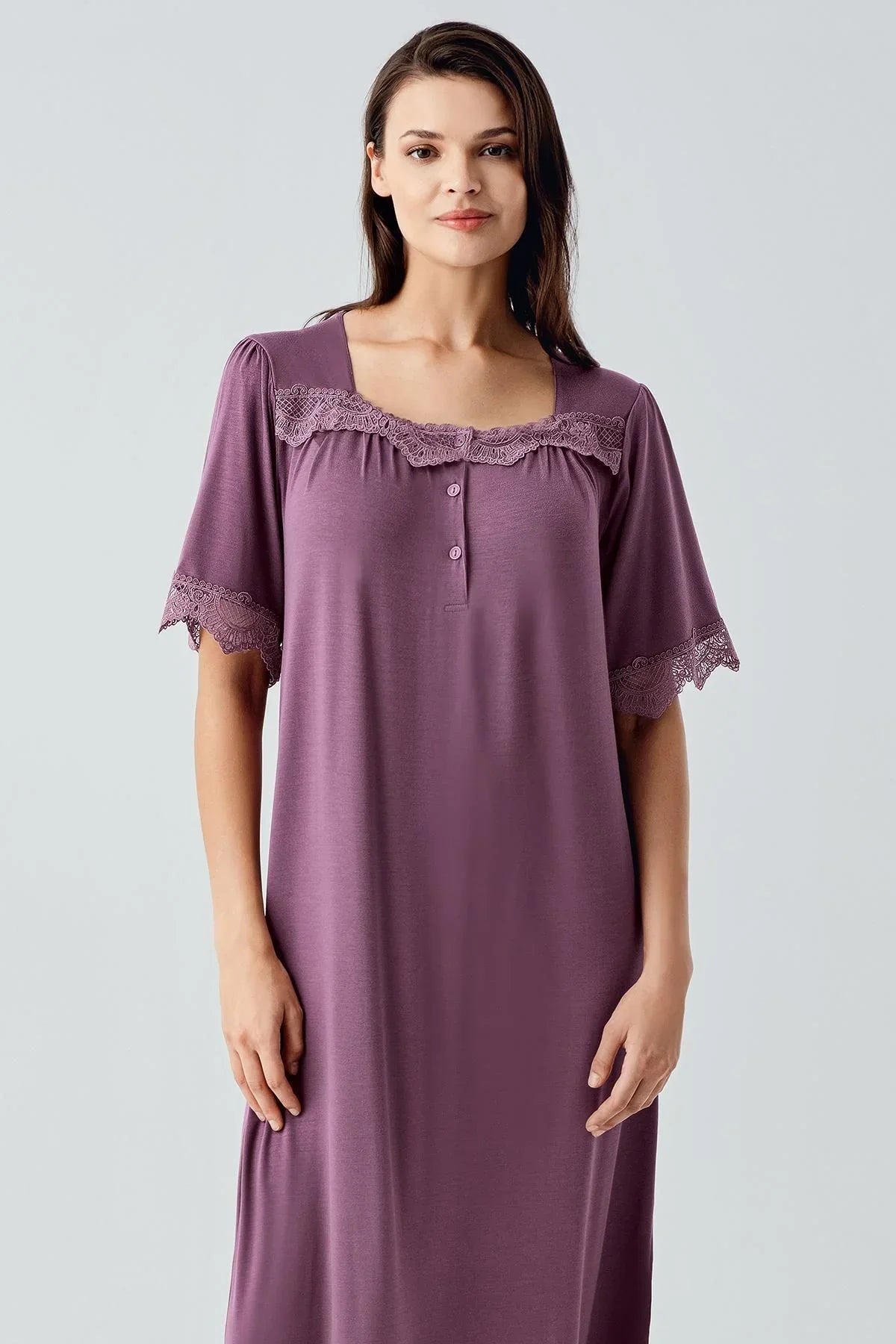 Dantelli Düğmeli Kısa Kollu Esnek Viskoz Uzun Gecelik 17111 - Artış Collection