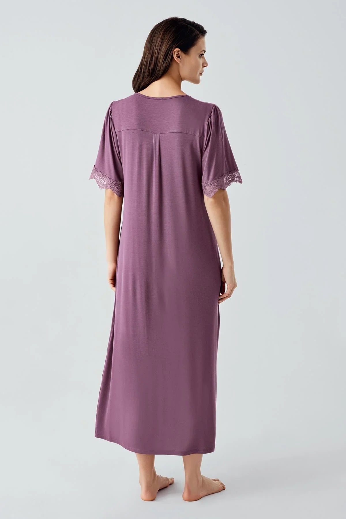 Dantelli Düğmeli Kısa Kollu Esnek Viskoz Uzun Gecelik 17111 - Artış Collection