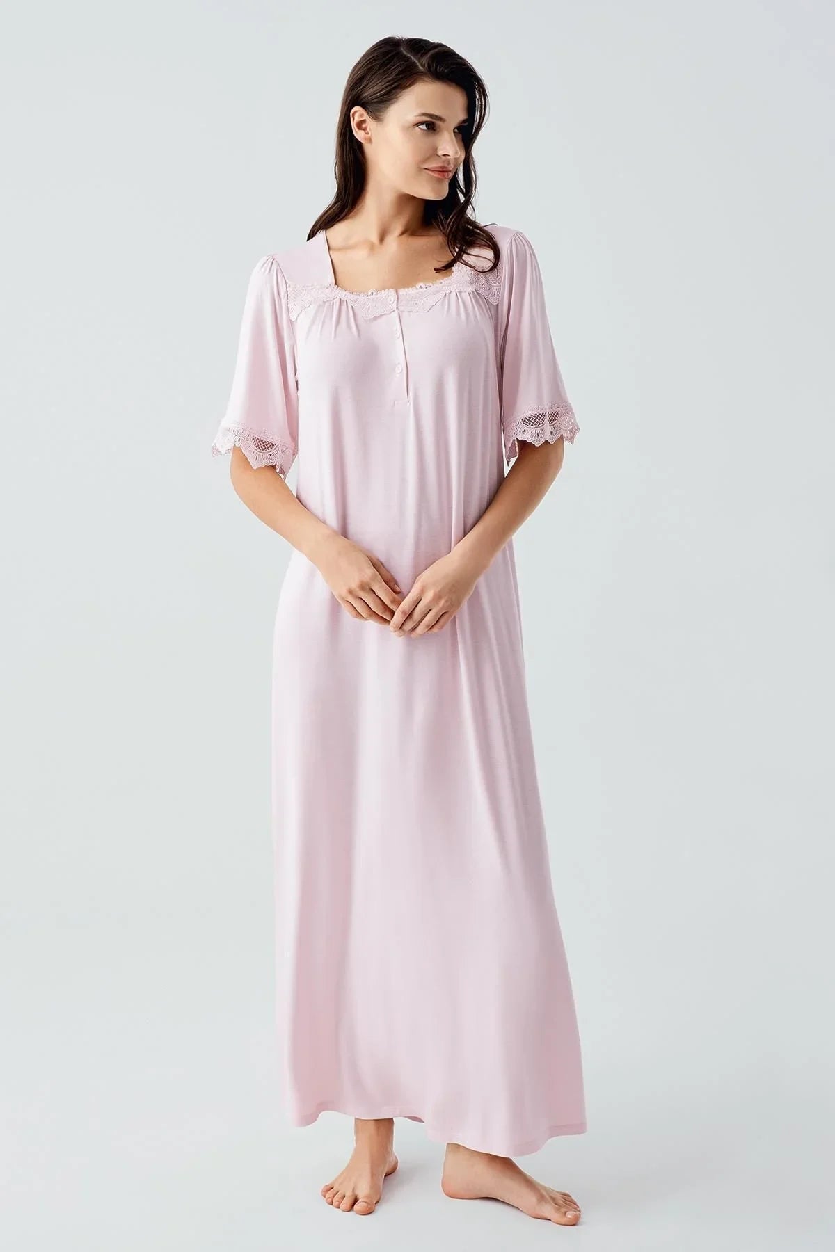 Dantelli Düğmeli Kısa Kollu Esnek Viskoz Uzun Gecelik 17111 - Artış Collection