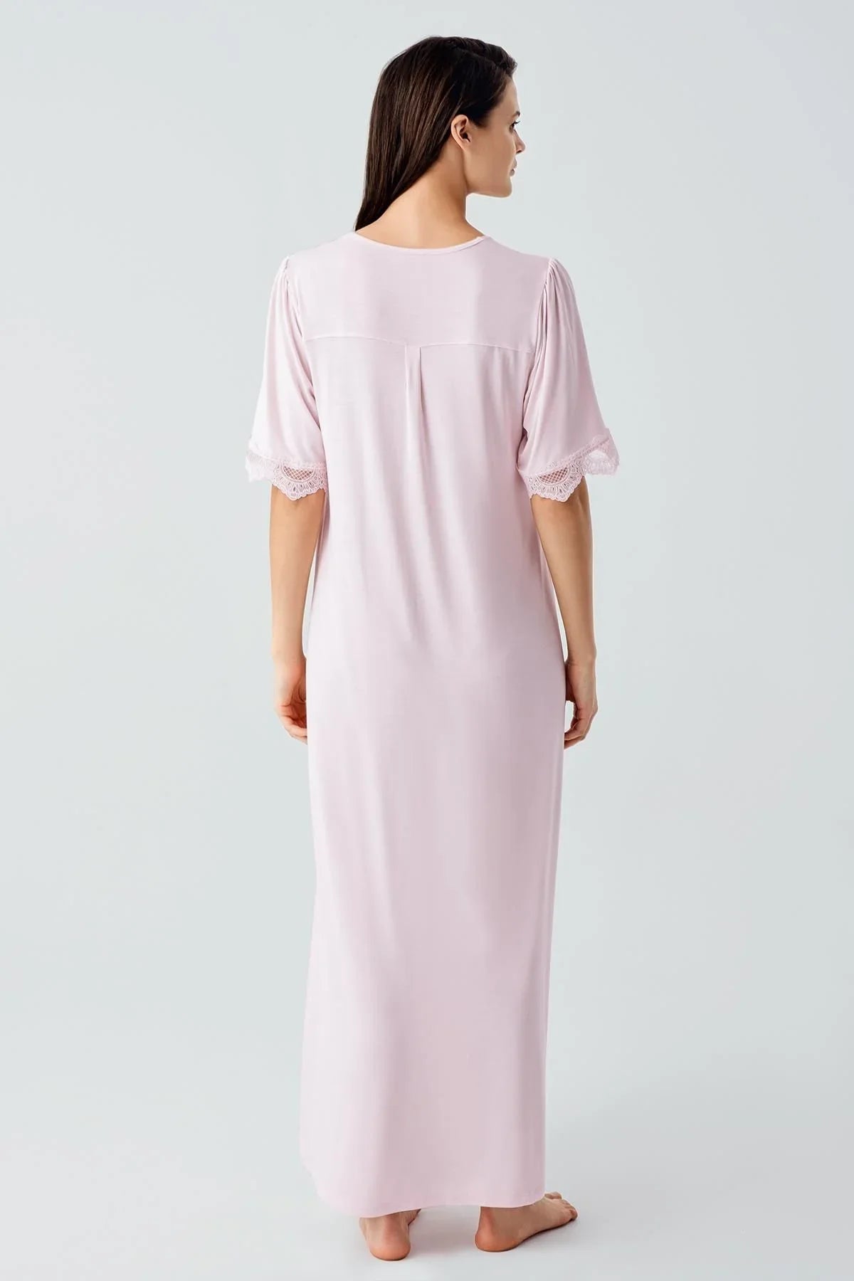 Dantelli Düğmeli Kısa Kollu Esnek Viskoz Uzun Gecelik 17111 - Artış Collection