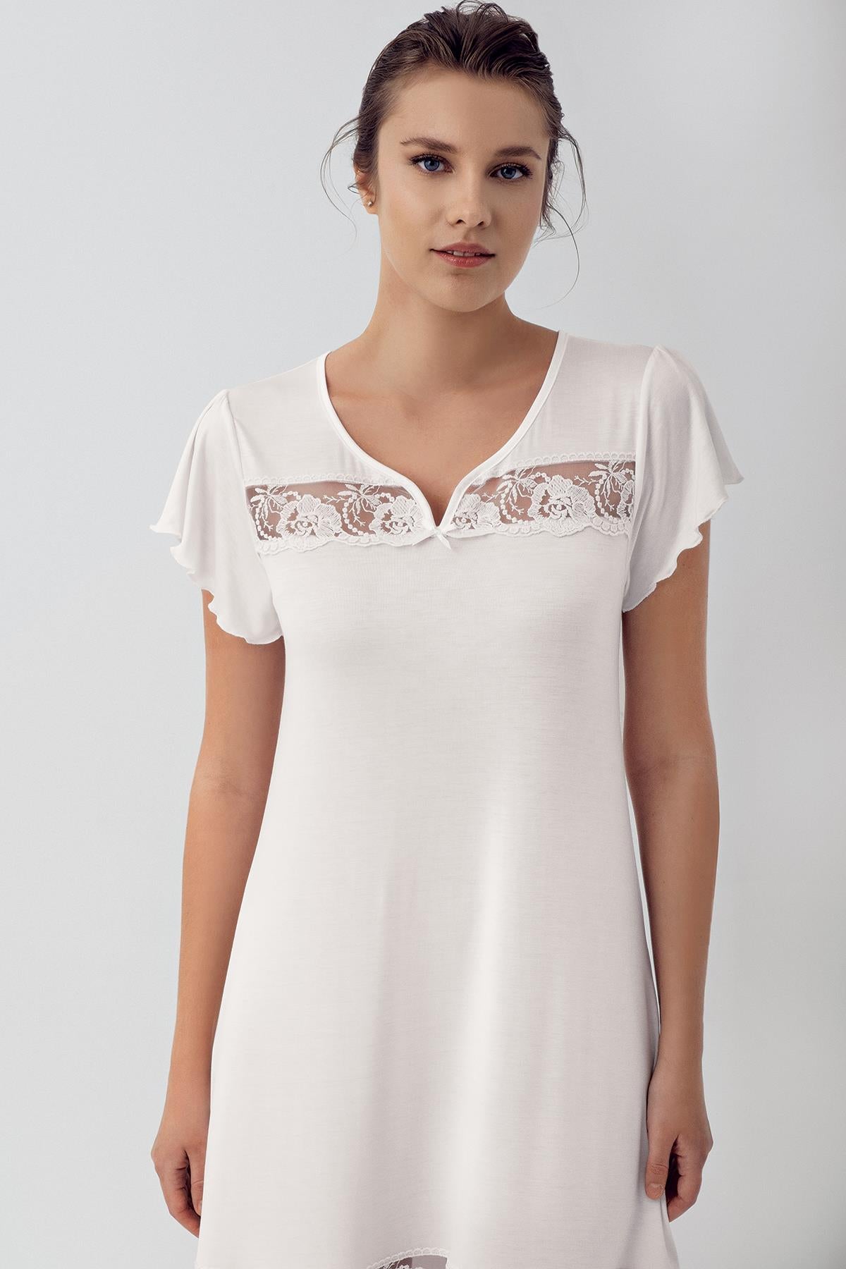Lace Short Sleeve Flexible Viscose Nightgown 16110