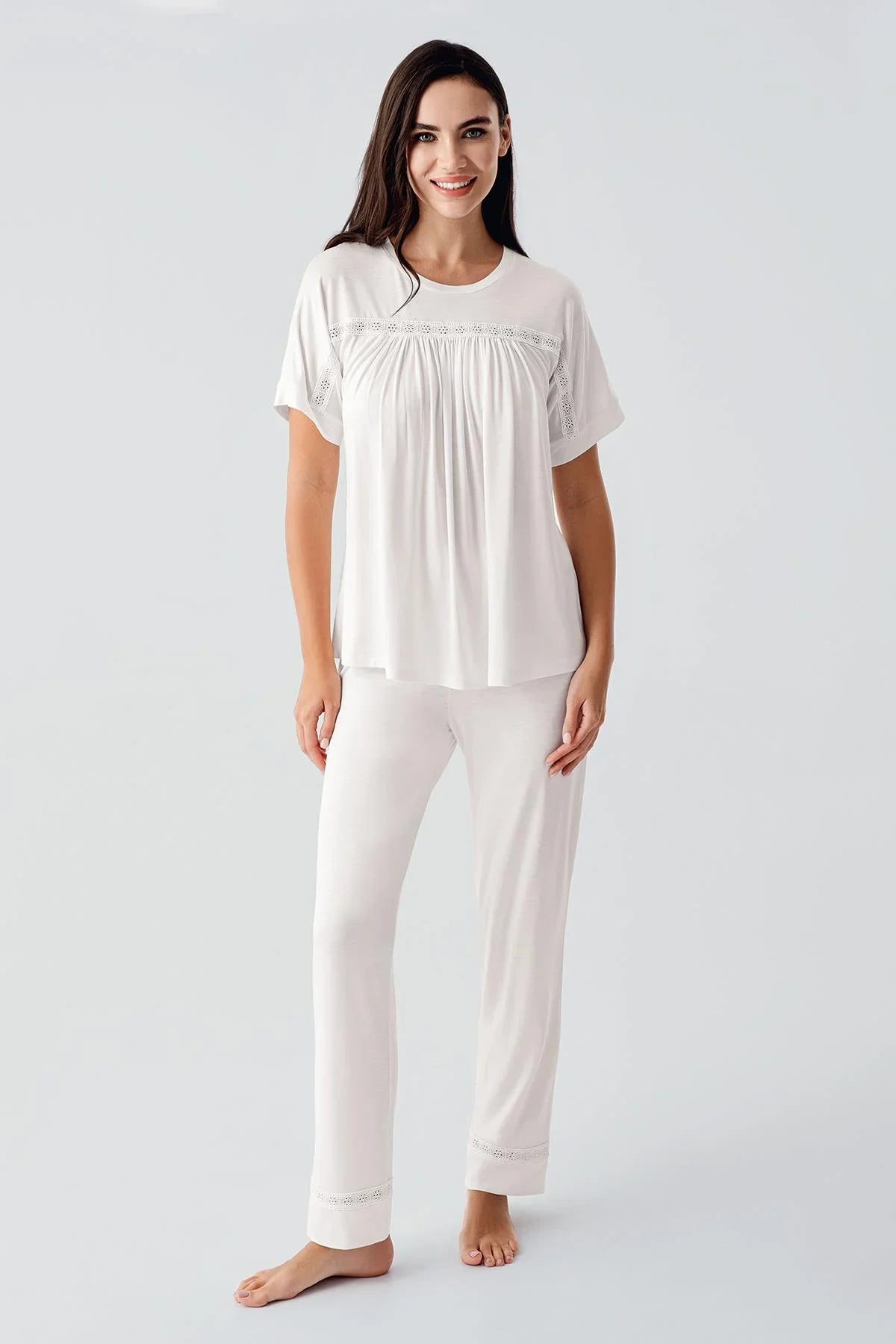 Dantelli Kısa Kollu Esnek Viskoz Pijama Takım 17204 - Artış Collection