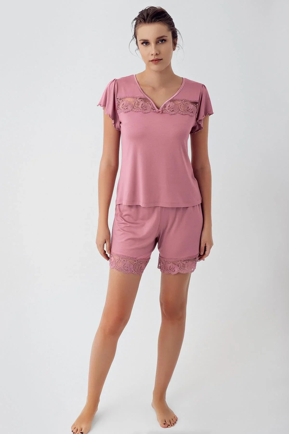 Dantelli Kısa Kollu Esnek Viskoz Şortlu Pijama Takımı 16210 - Artış Collection