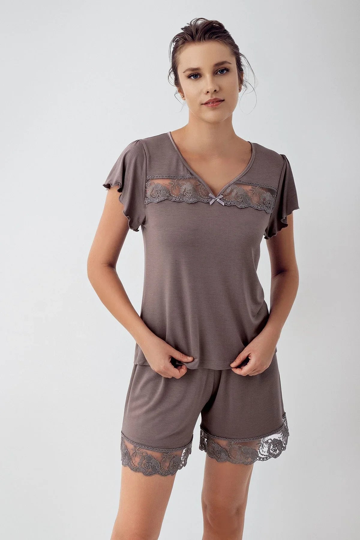 Dantelli Kısa Kollu Esnek Viskoz Şortlu Pijama Takımı 16210 - Artış Collection