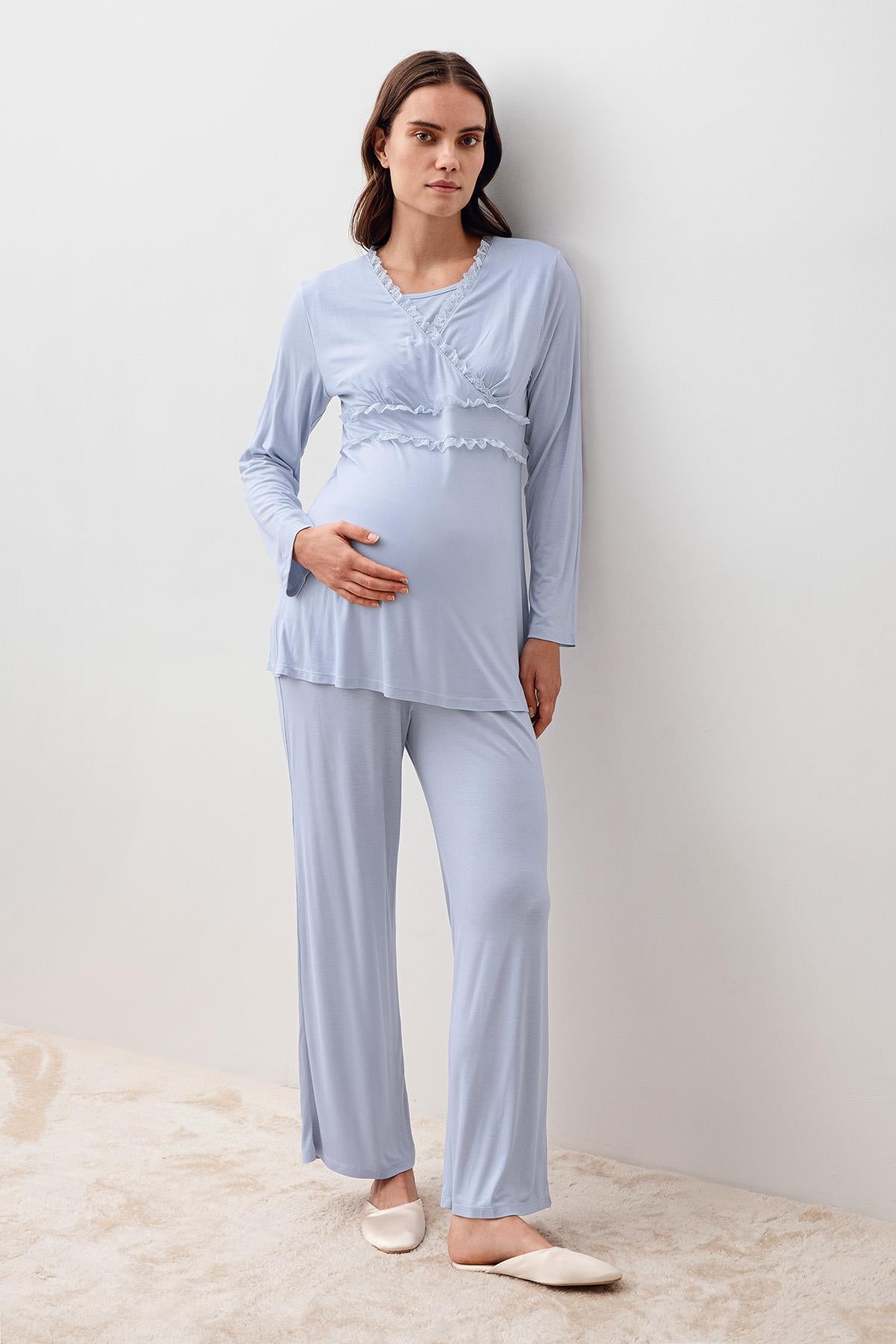 Uzun Kollu Dantelli Likralı Viskoz Hamile Sabahlık Pijama Takım 20301