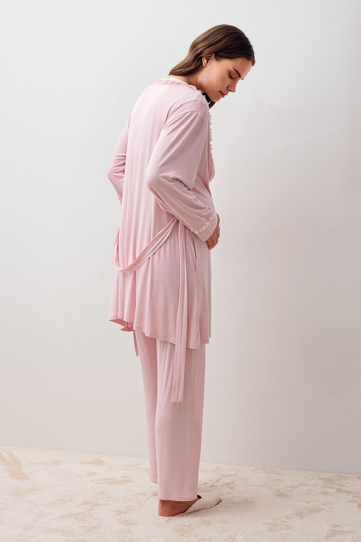 Uzun Kollu Dantelli Likralı Viskoz Hamile Sabahlık Pijama Takım 20301