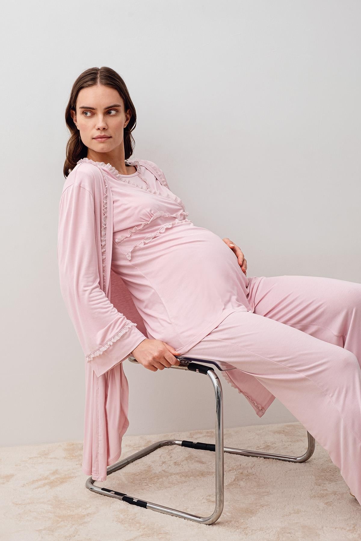 Uzun Kollu Dantelli Likralı Viskoz Hamile Sabahlık Pijama Takım 20301