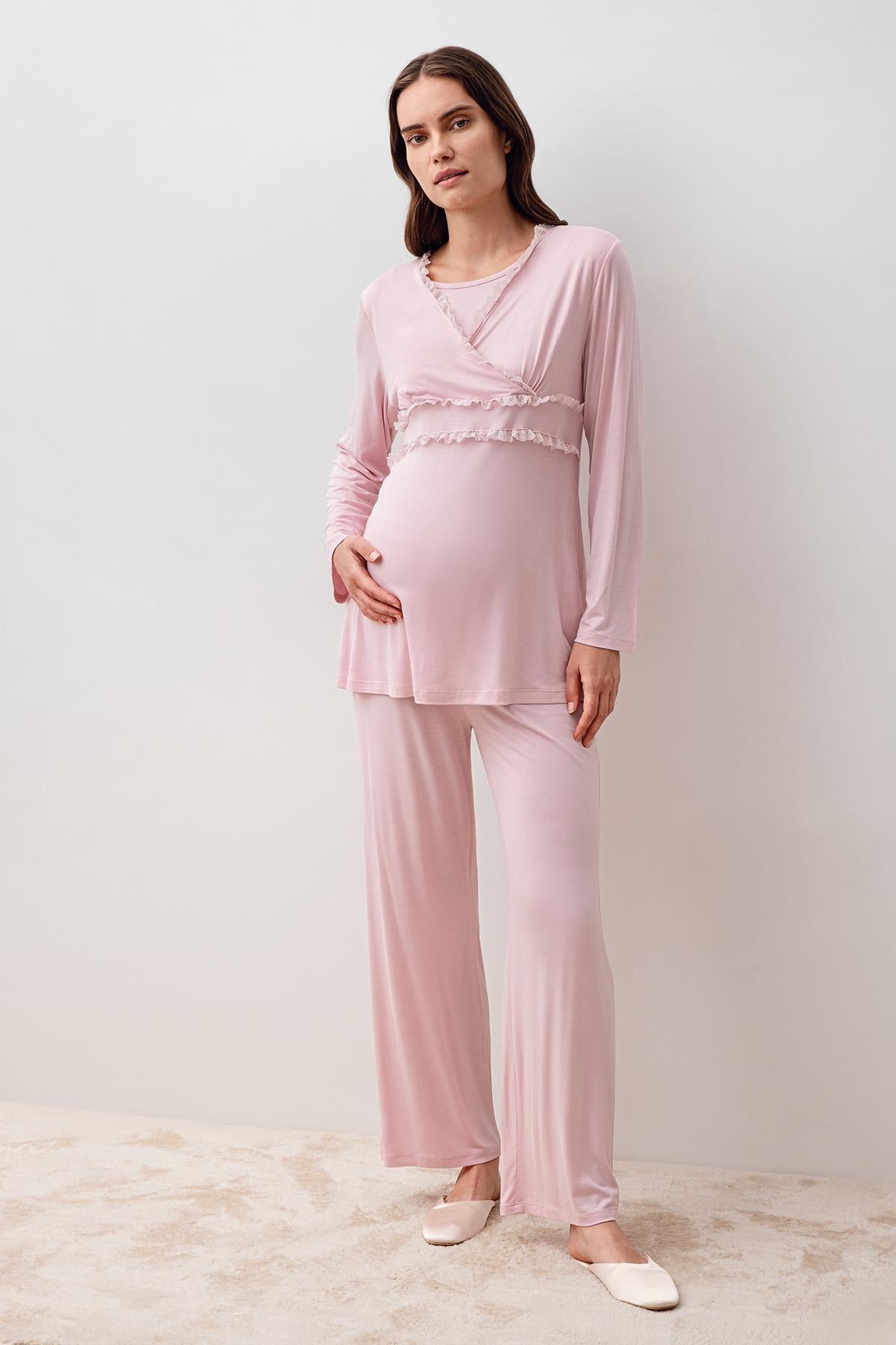 Uzun Kollu Dantelli Likralı Viskoz Hamile Sabahlık Pijama Takım 20301
