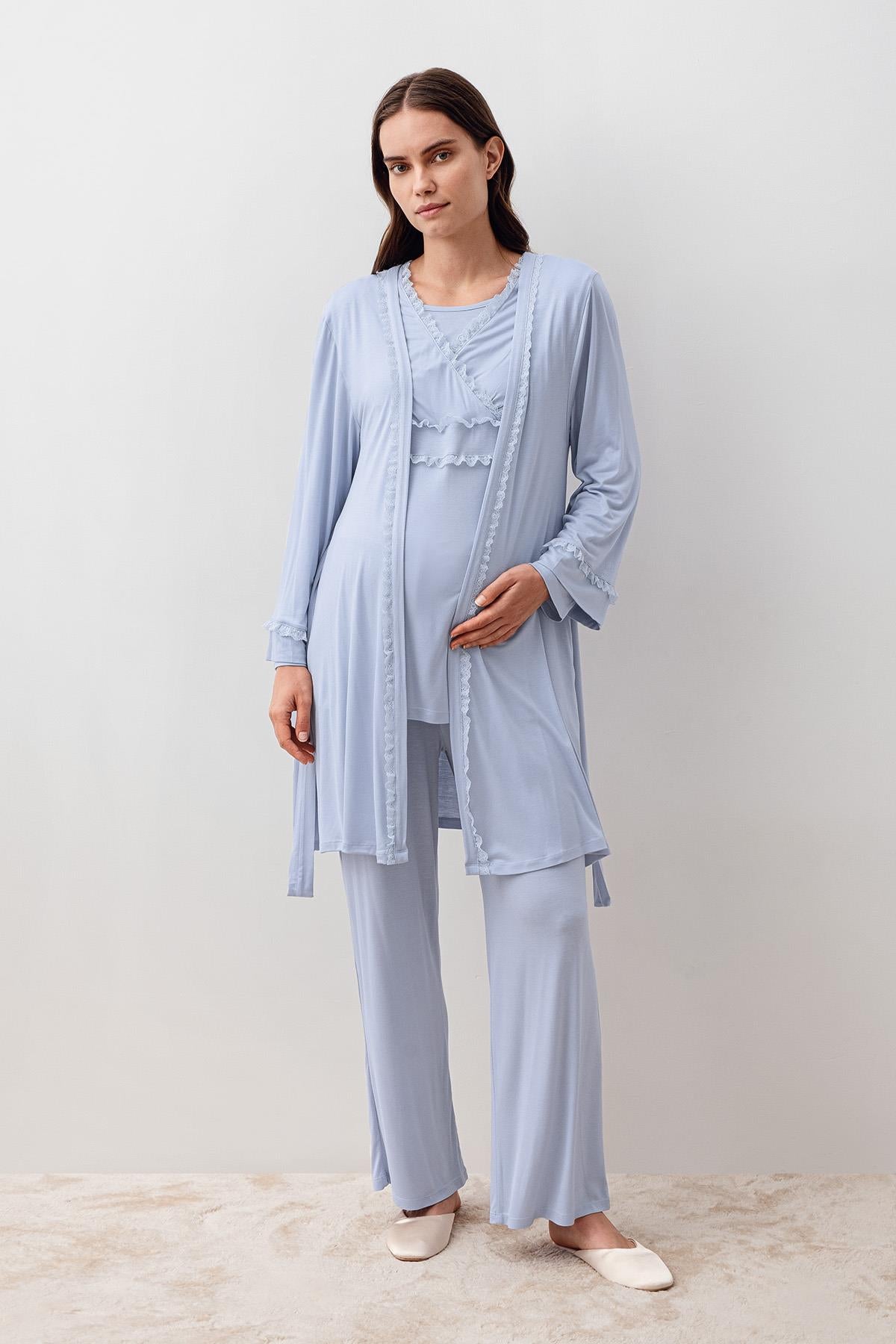 Uzun Kollu Dantelli Likralı Viskoz Hamile Sabahlık Pijama Takım 20301