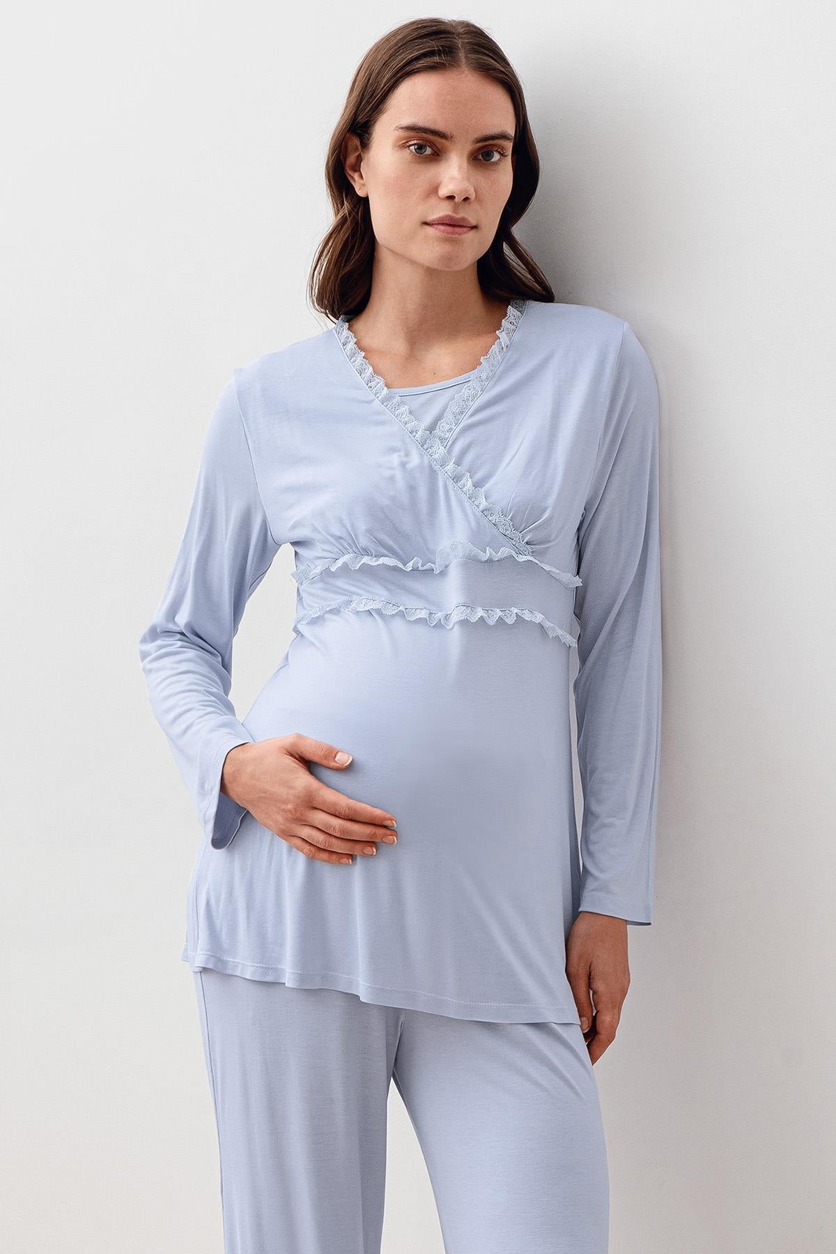 Uzun Kollu Dantelli Likralı Viskoz Hamile Sabahlık Pijama Takım 20301