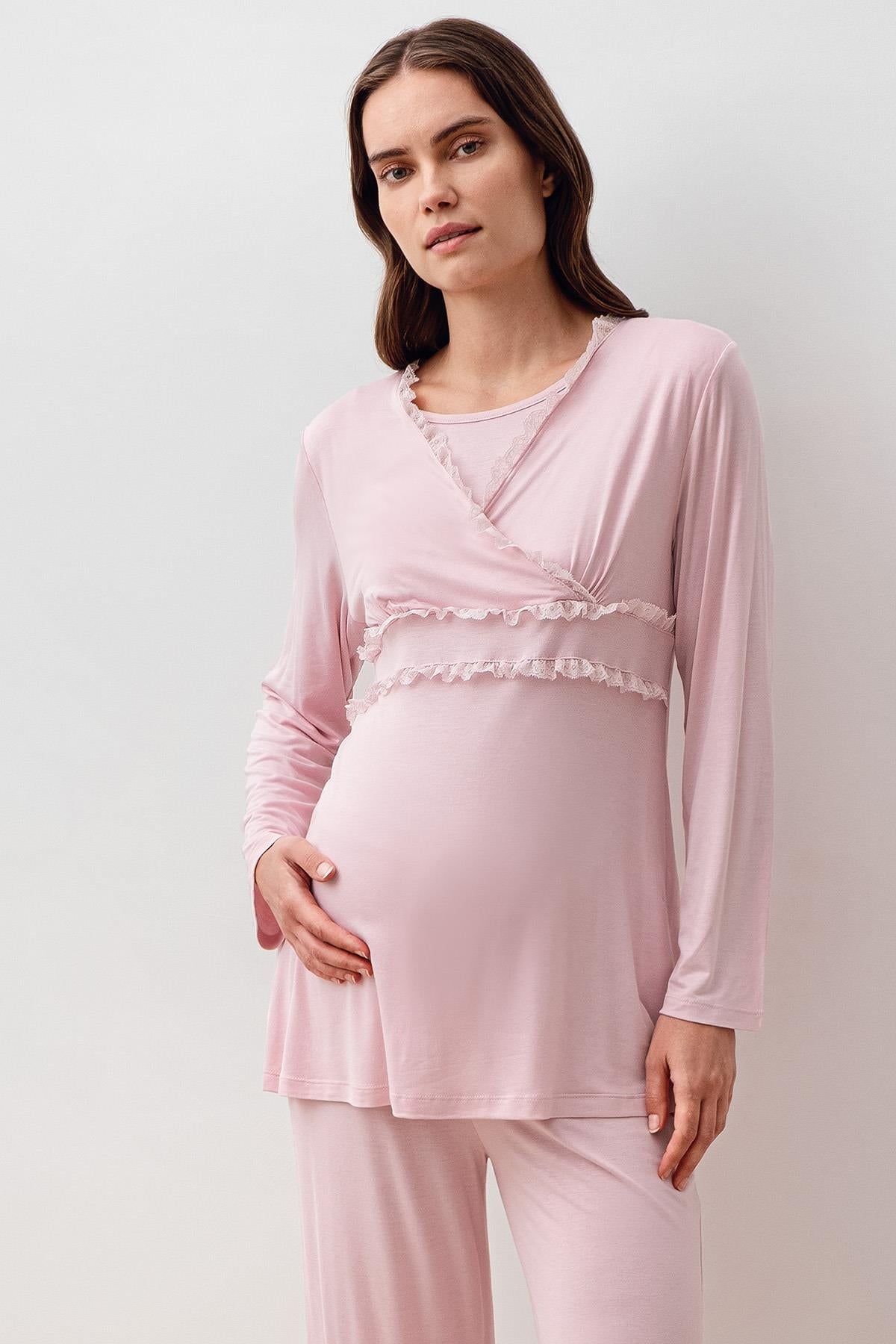 Uzun Kollu Dantelli Likralı Viskoz Hamile Sabahlık Pijama Takım 20301