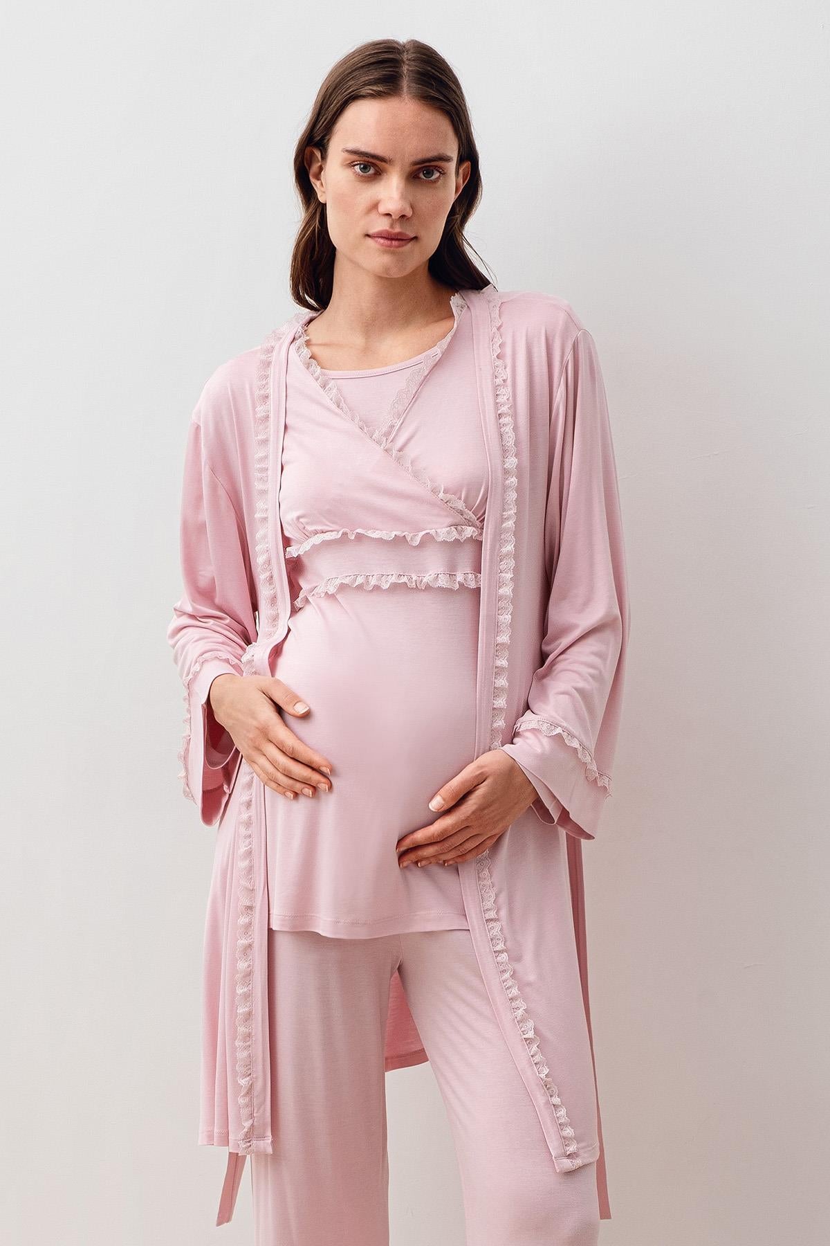 Uzun Kollu Dantelli Likralı Viskoz Hamile Sabahlık Pijama Takım 20301