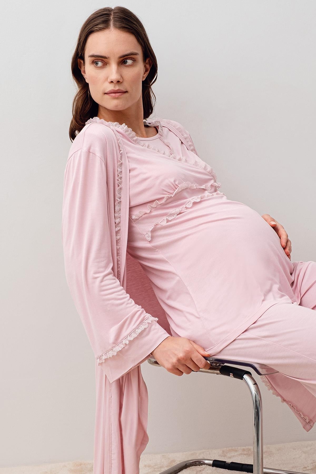 Uzun Kollu Dantelli Likralı Viskoz Hamile Sabahlık Pijama Takım 20301
