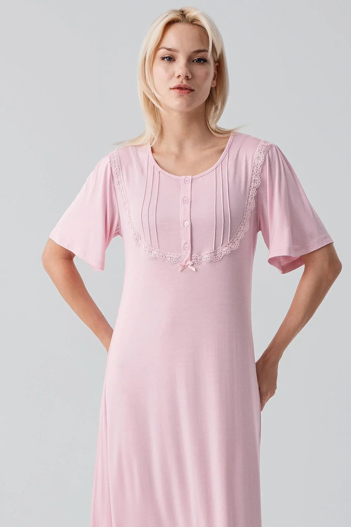 Kısa Kollu Düğmeli Uzun Esnek Viskoz Gecelik 19109