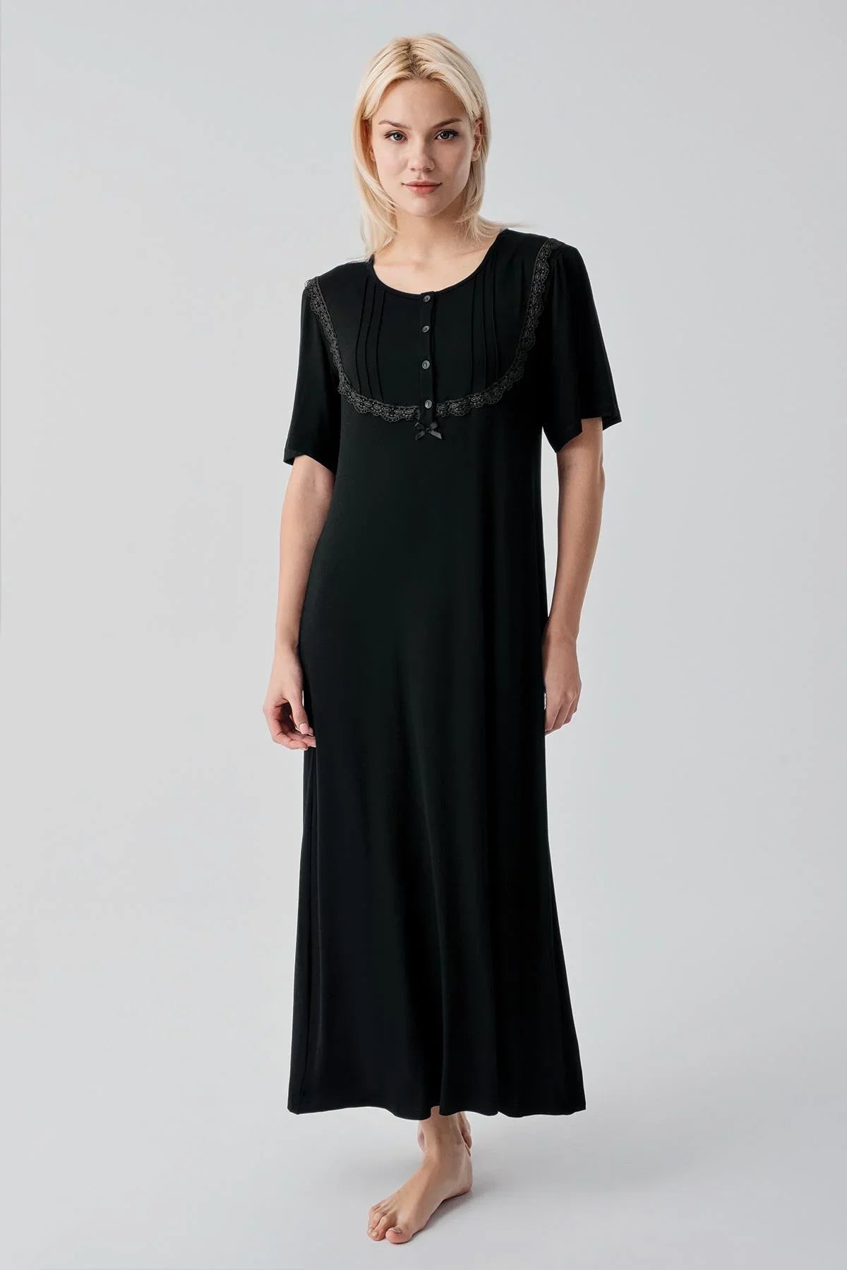 Kısa Kollu Düğmeli Uzun Esnek Viskoz Gecelik 19109