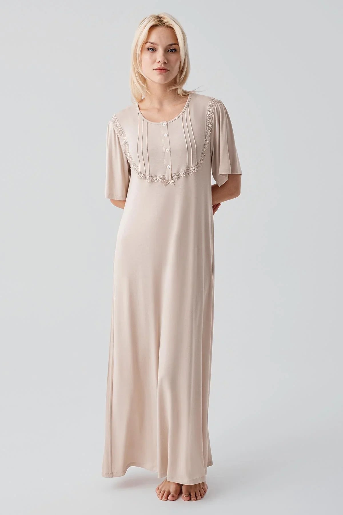 Kısa Kollu Düğmeli Uzun Esnek Viskoz Gecelik 19109