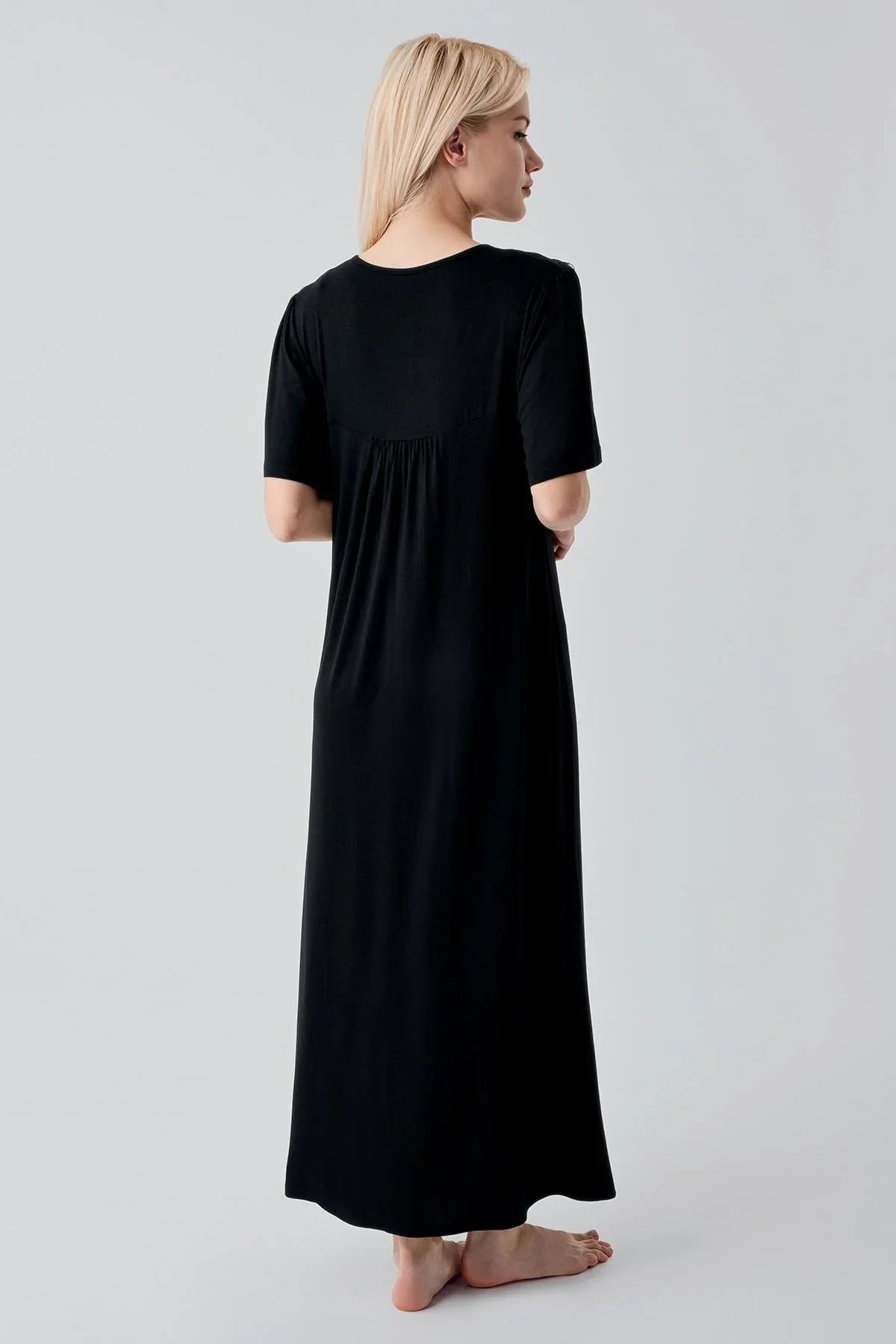 Kısa Kollu Düğmeli Uzun Esnek Viskoz Gecelik 19109