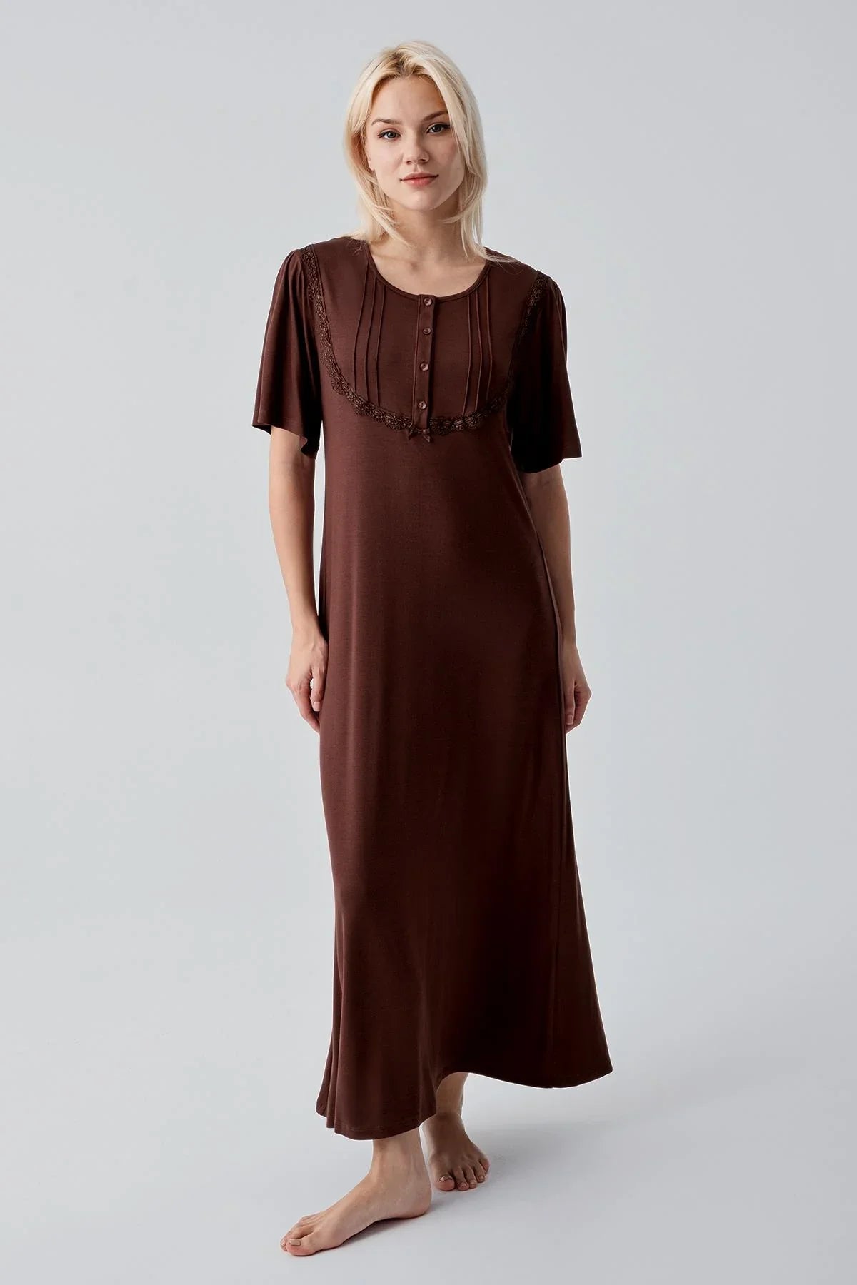 Kısa Kollu Düğmeli Uzun Esnek Viskoz Gecelik 19109