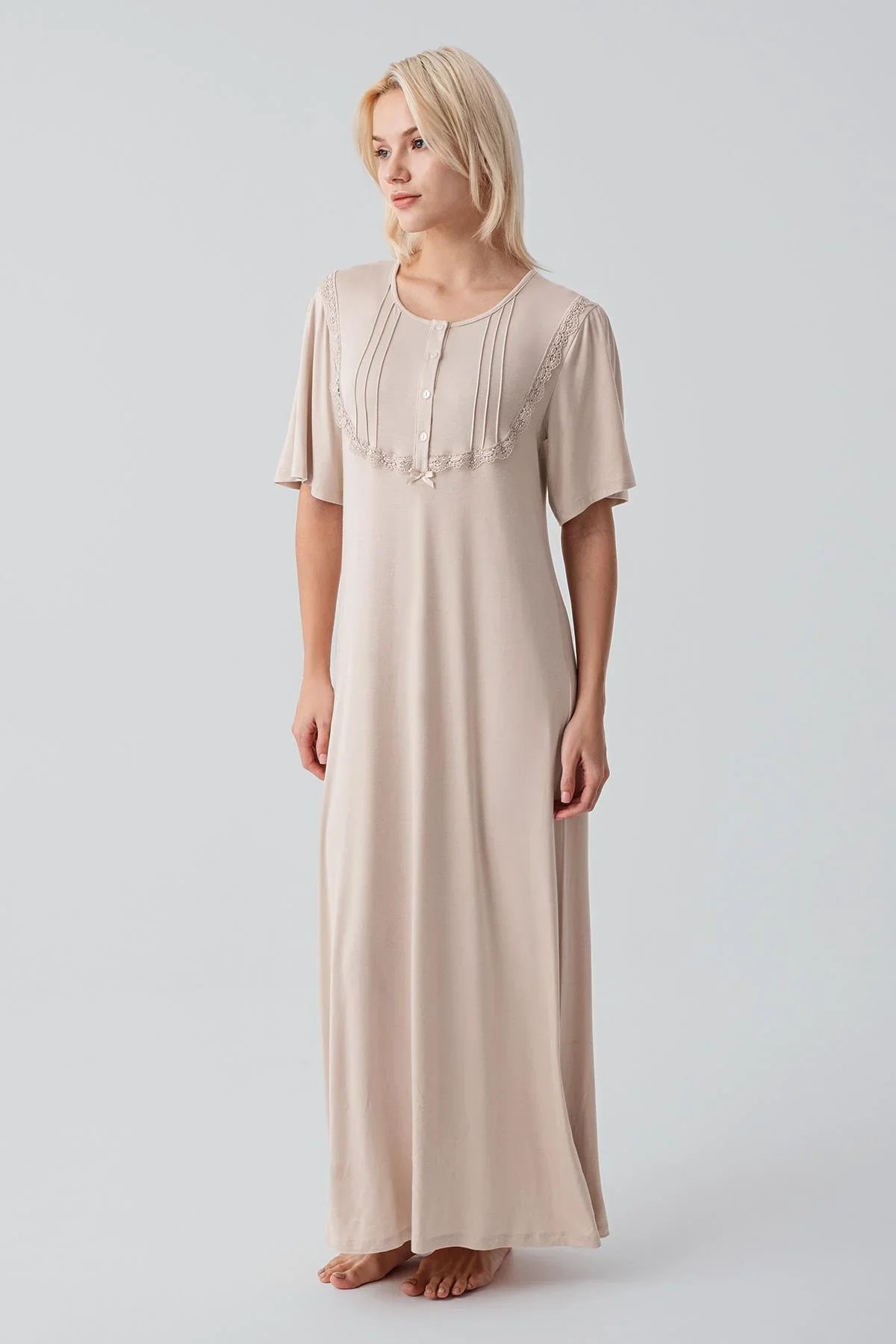 Kısa Kollu Düğmeli Uzun Esnek Viskoz Gecelik 19109