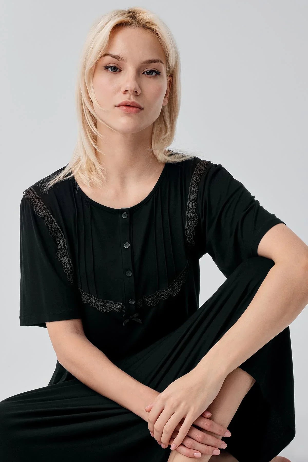 Kısa Kollu Düğmeli Uzun Esnek Viskoz Gecelik 19109