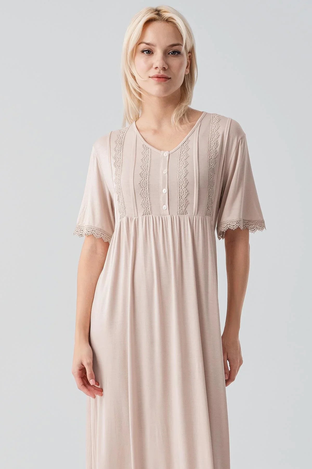 Short Sleeve Lace Long Comfortable Flexible Viscose Nightgown 19104